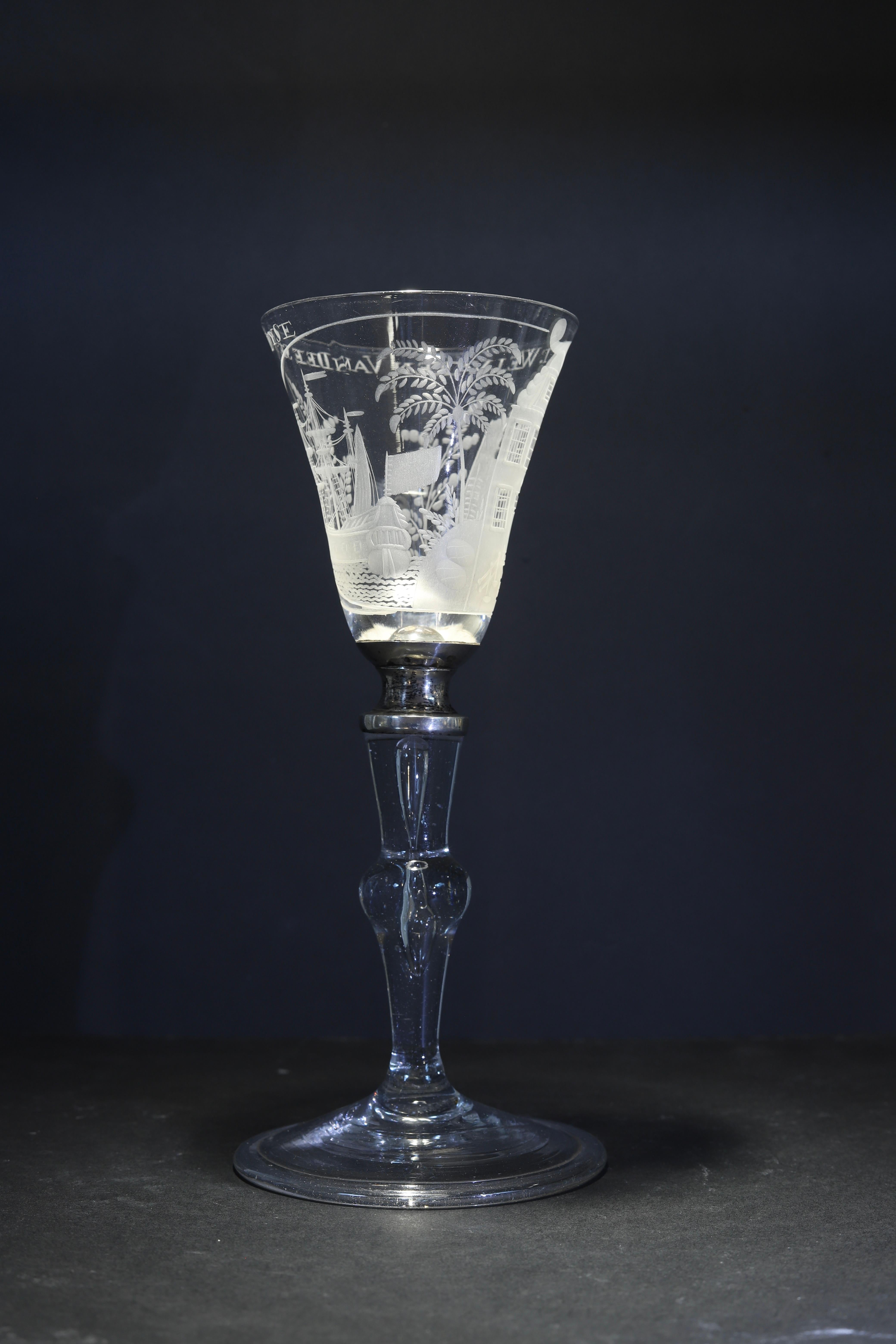 Rococo A Dutch Engraved Baluster, Prosperity of This House, Wine Glass, 18th Century For Sale