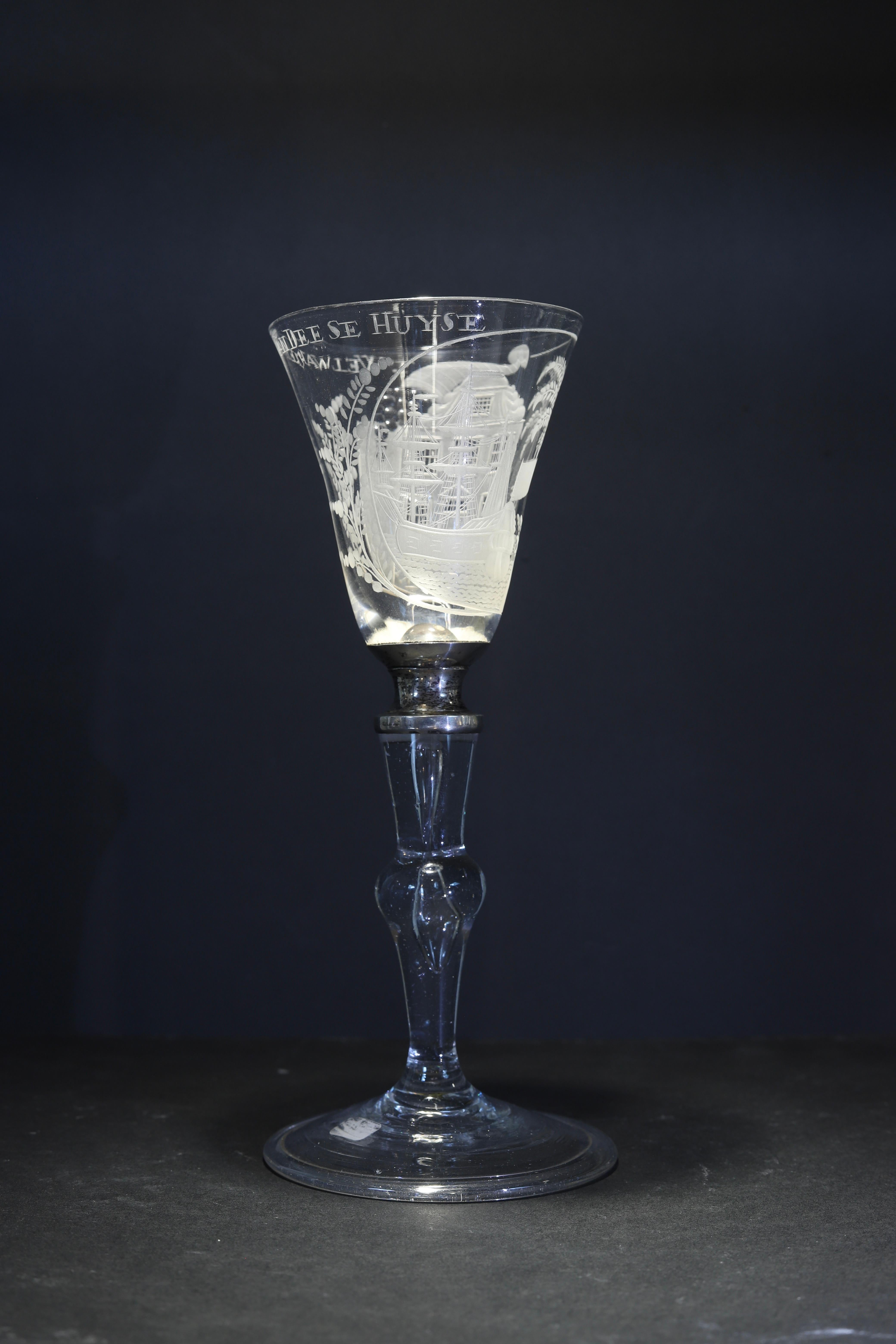 A Dutch Engraved Baluster, Prosperity of This House, Wine Glass, 18th Century In Fair Condition For Sale In AMSTERDAM, NH