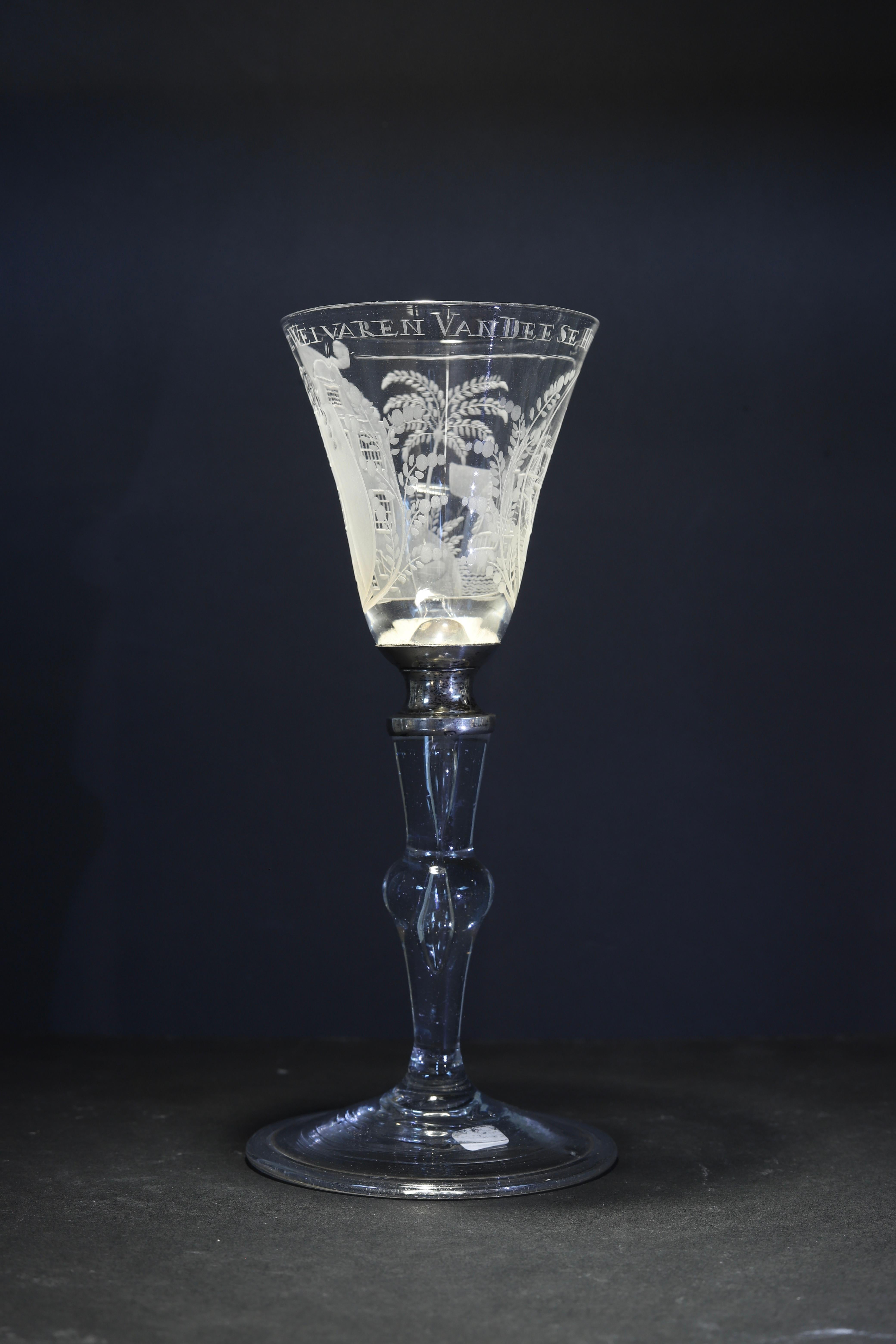 Silver A Dutch Engraved Baluster, Prosperity of This House, Wine Glass, 18th Century For Sale