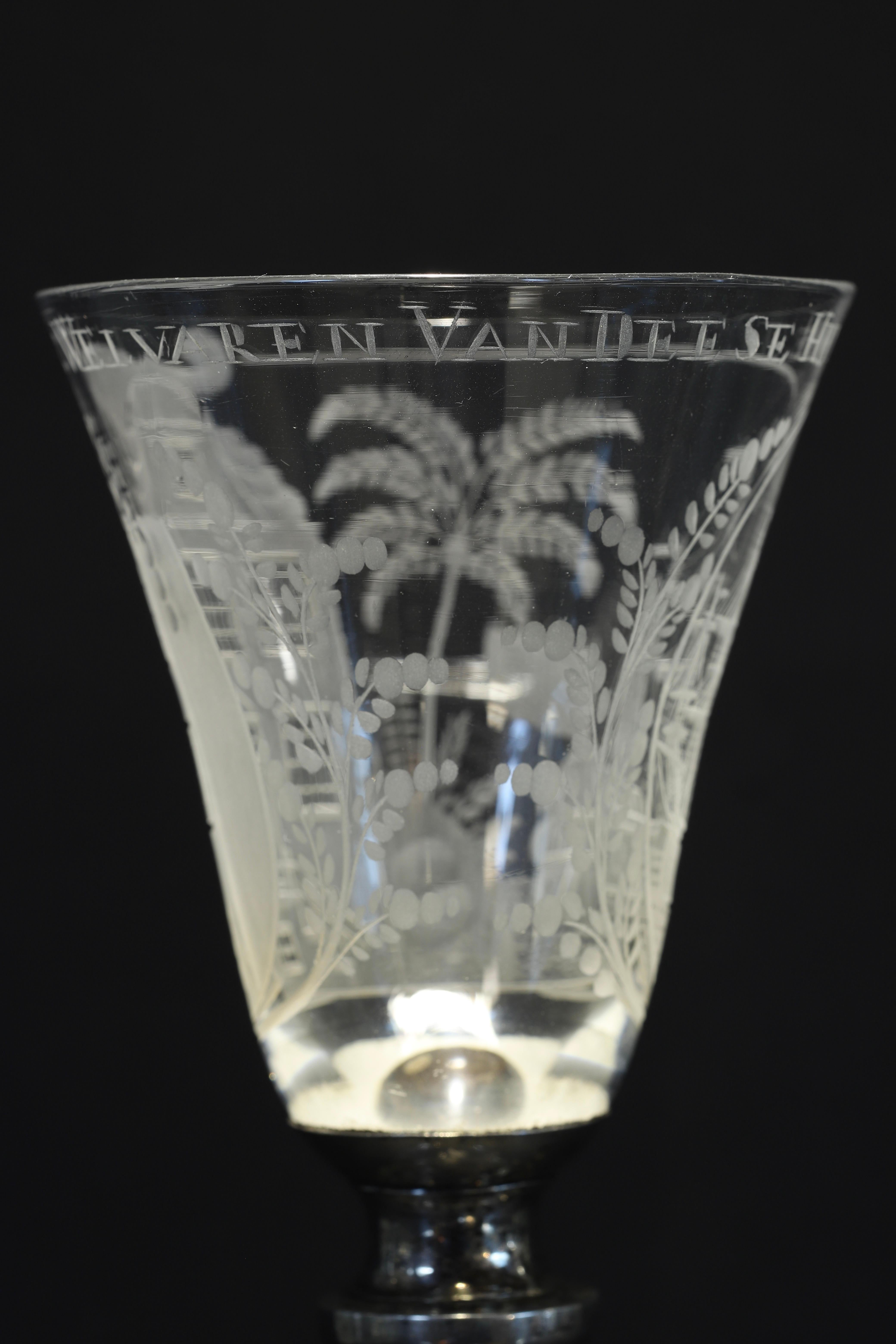 A Dutch Engraved Baluster, Prosperity of This House, Wine Glass, 18th Century For Sale 4