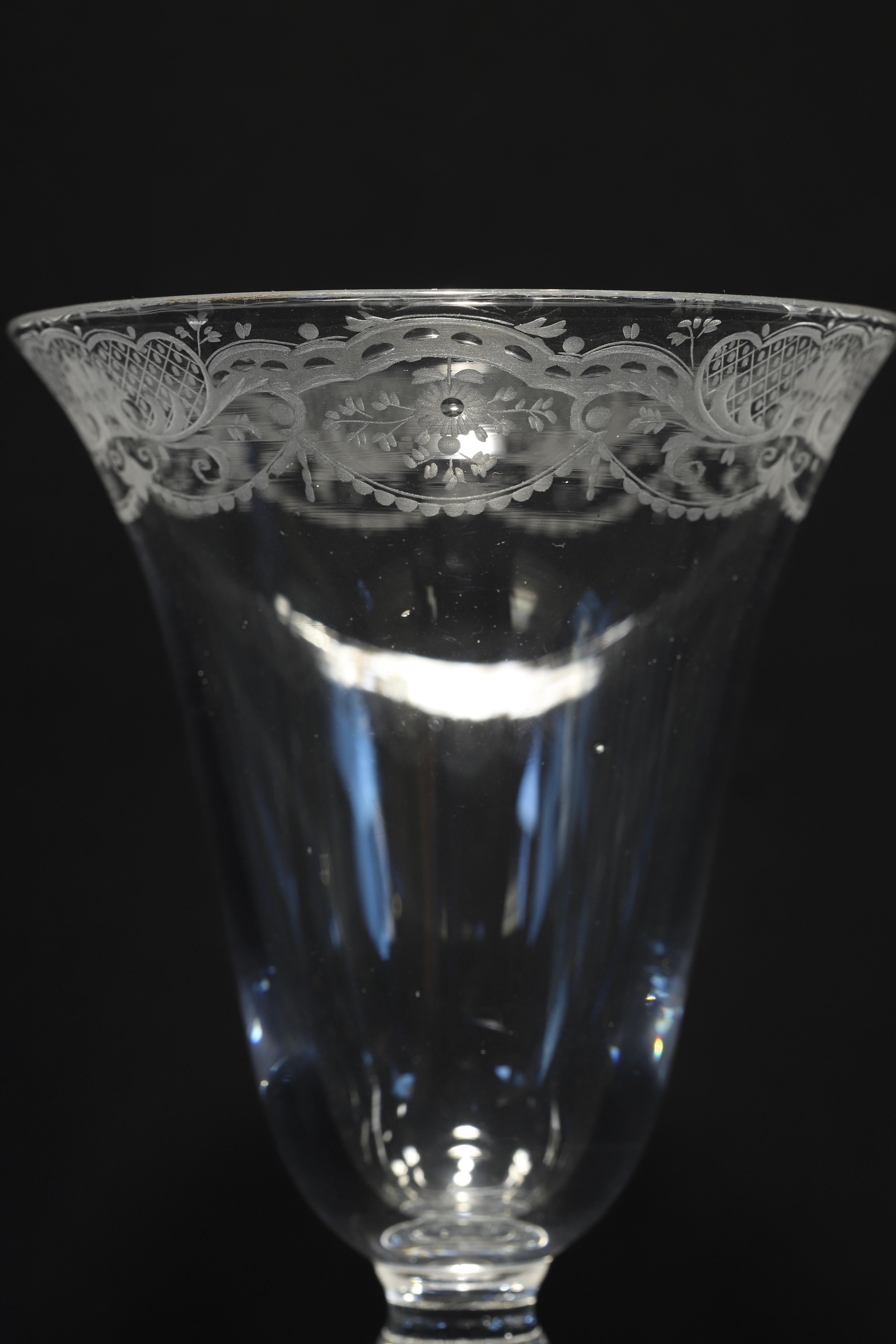 English A Dutch Engraved Baluster Wine Glass, Mid 18th Century For Sale