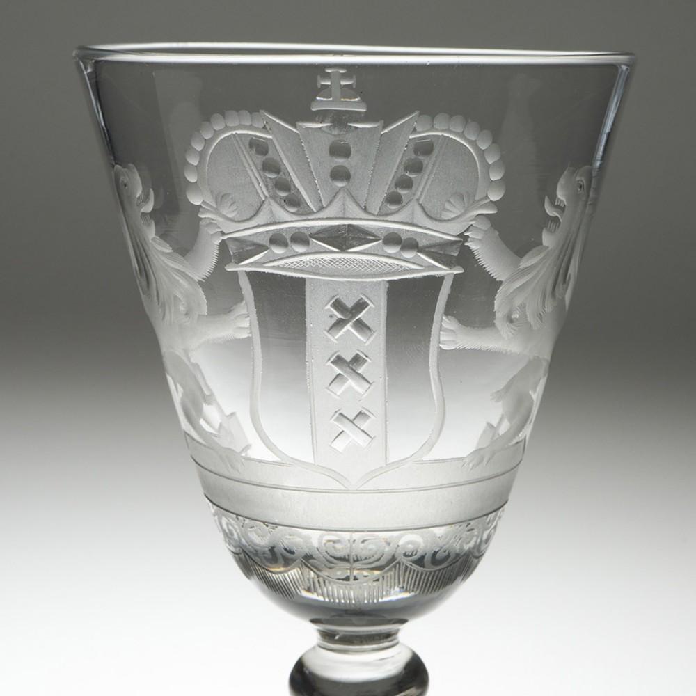 A Dutch Engraved Light Baluster Goblet, c1755

Lead glass was being produced in Holland and Wallonia by the mid 18th century and in Norway within another decade. Quite why the enterprising merchants of the Provinces of The Netherlands would not