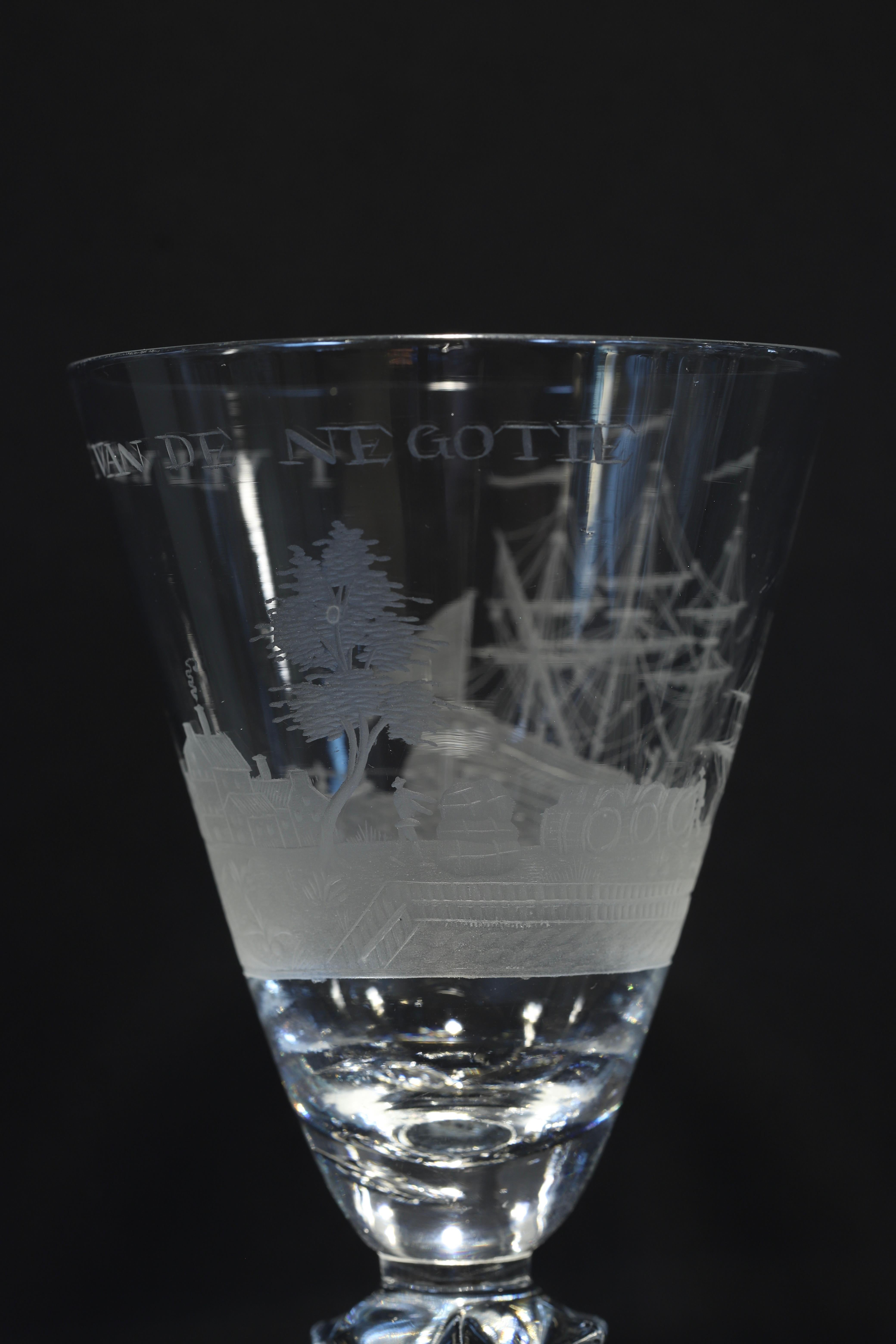 A Dutch Engraved, Prosperity of the Trade, Wine Glass, Early 18th Century For Sale 5