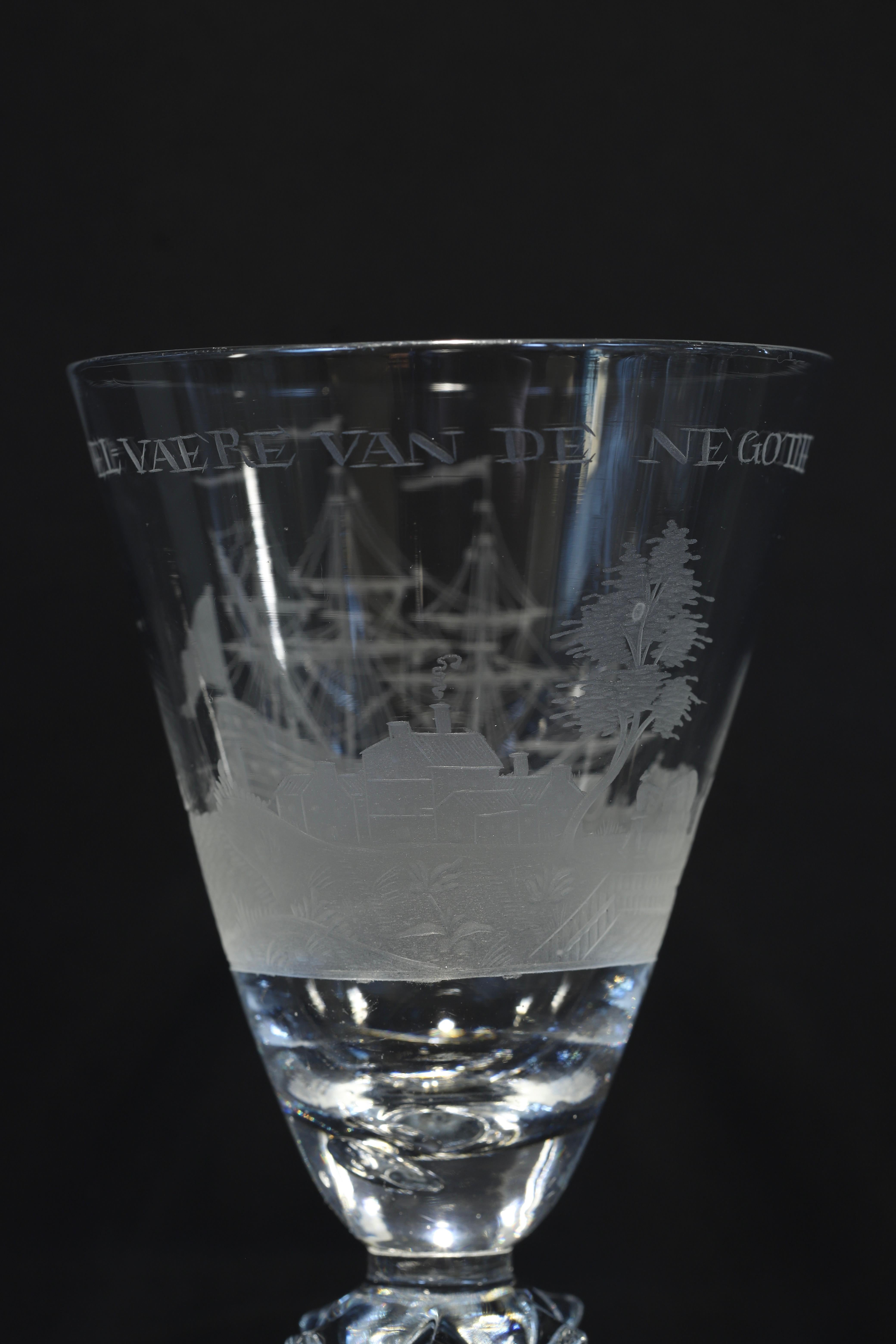 A Dutch Engraved, Prosperity of the Trade, Wine Glass, Early 18th Century For Sale 6