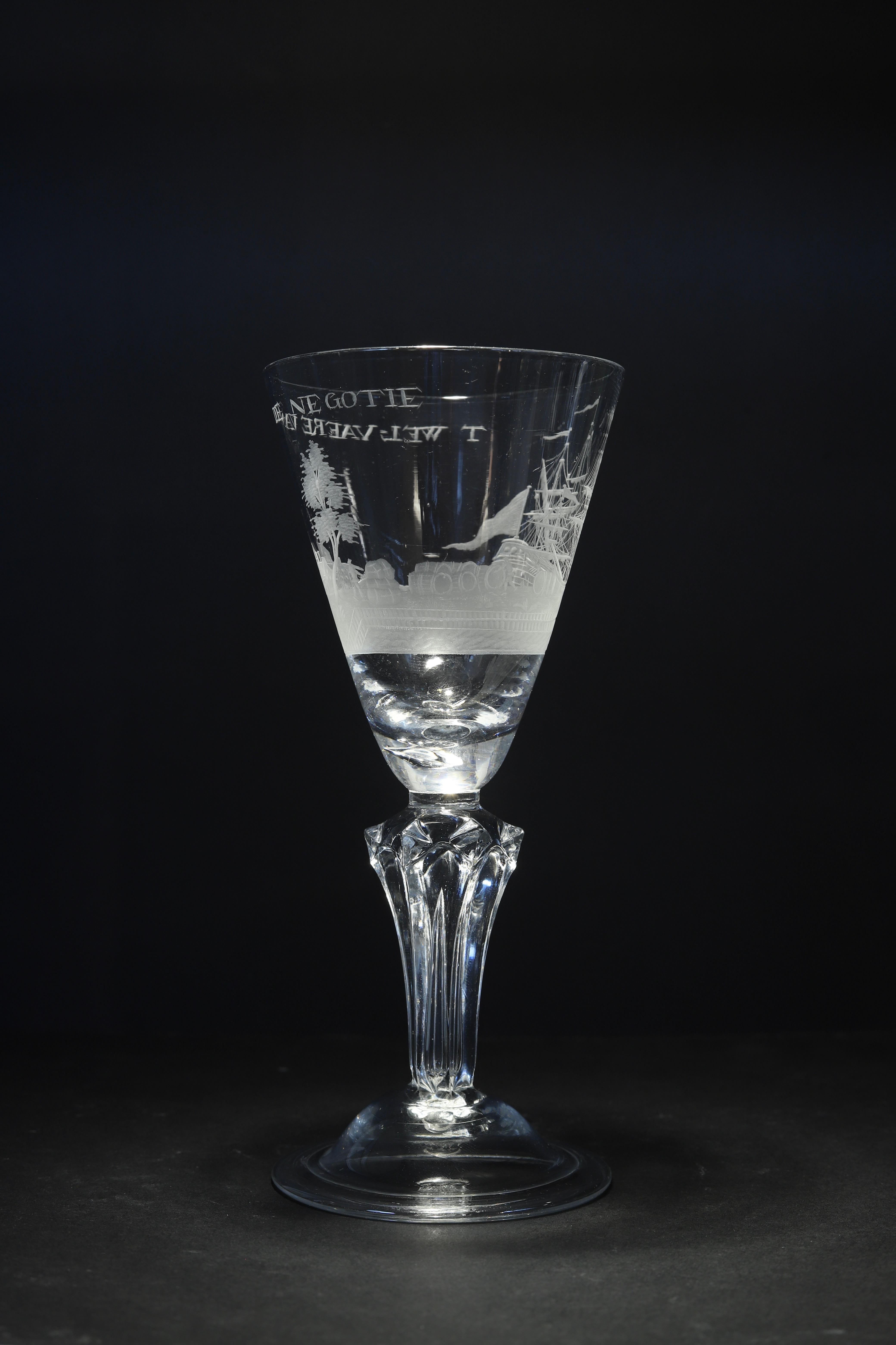 A Dutch Engraved, Prosperity of the Trade, Wine Glass, Early 18th Century In Excellent Condition For Sale In AMSTERDAM, NH