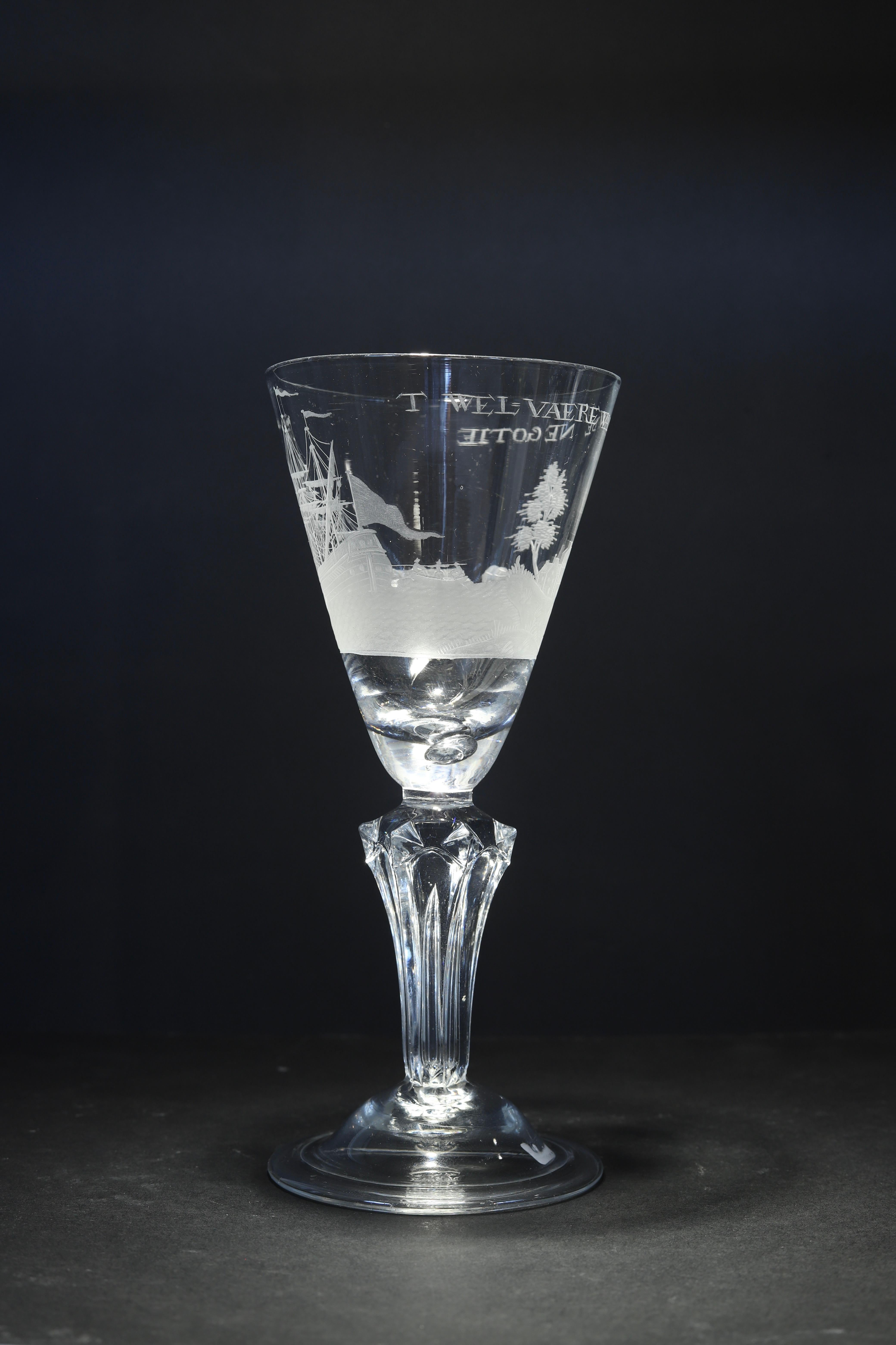 A Dutch Engraved, Prosperity of the Trade, Wine Glass, Early 18th Century For Sale 1