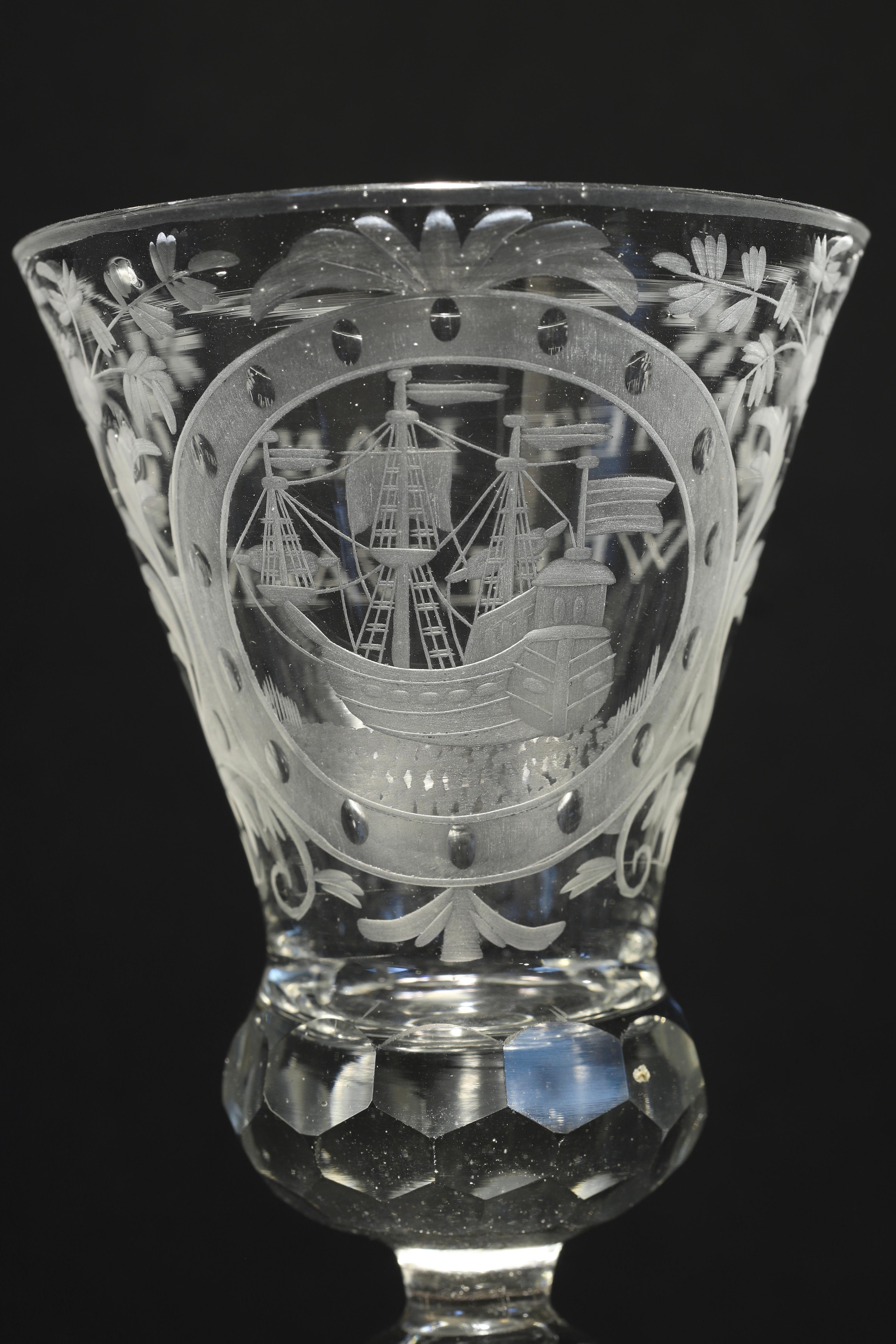 Ein niederländisches graviertes Prosperity of the Trade Weinglas, Mitte des 18. Jahrhunderts (Deutsch) im Angebot