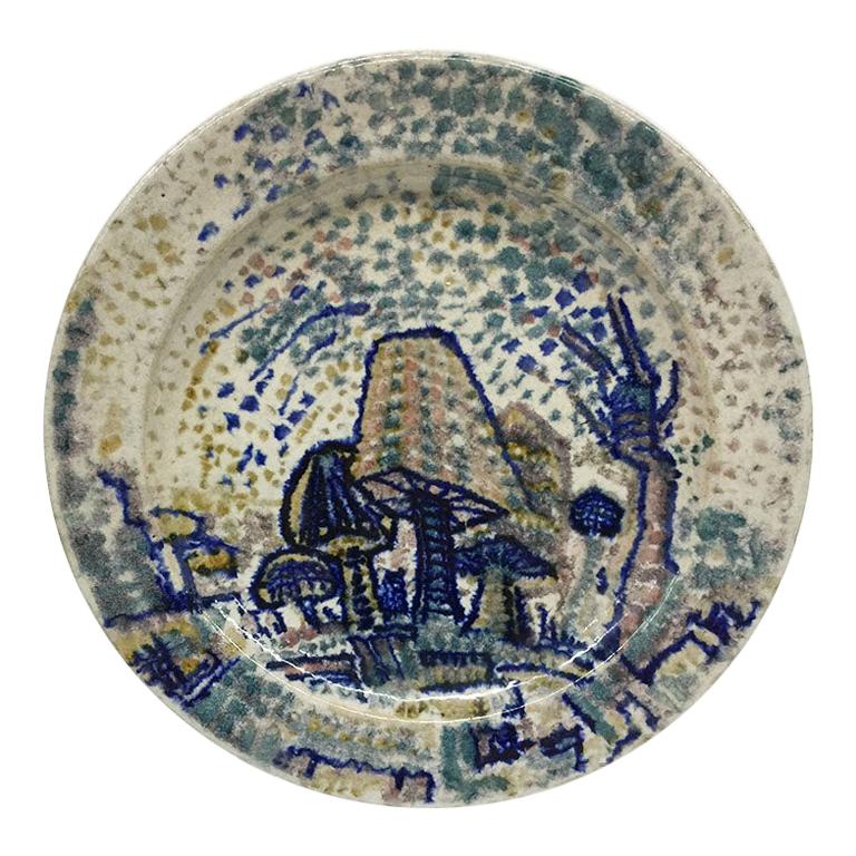 Plato holandés Art Decó con forma de seta torneado a mano y pintado de C.J. Lanooy, 1925