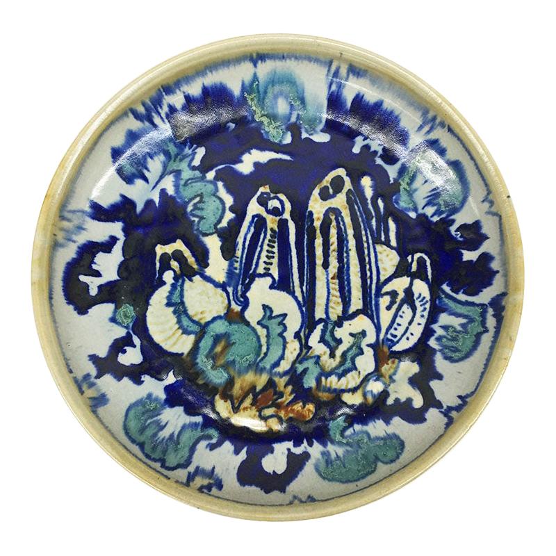 Art Decó, Plato holandés torneado a mano y pintado con forma de seta de C.J. Lanooy, 1925
