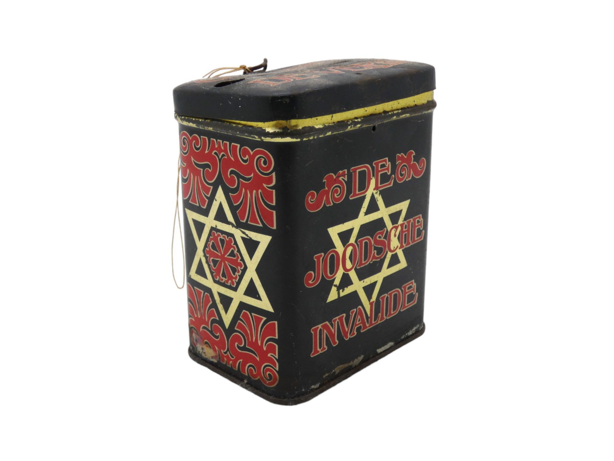 A Dutch Jewish Hospital Charity Container from the Netherlands, circa 1920, is a unique Judaic historical artifact.

This charity container was used to collect donations for a Jewish hospital in the Netherlands. These containers served as a means