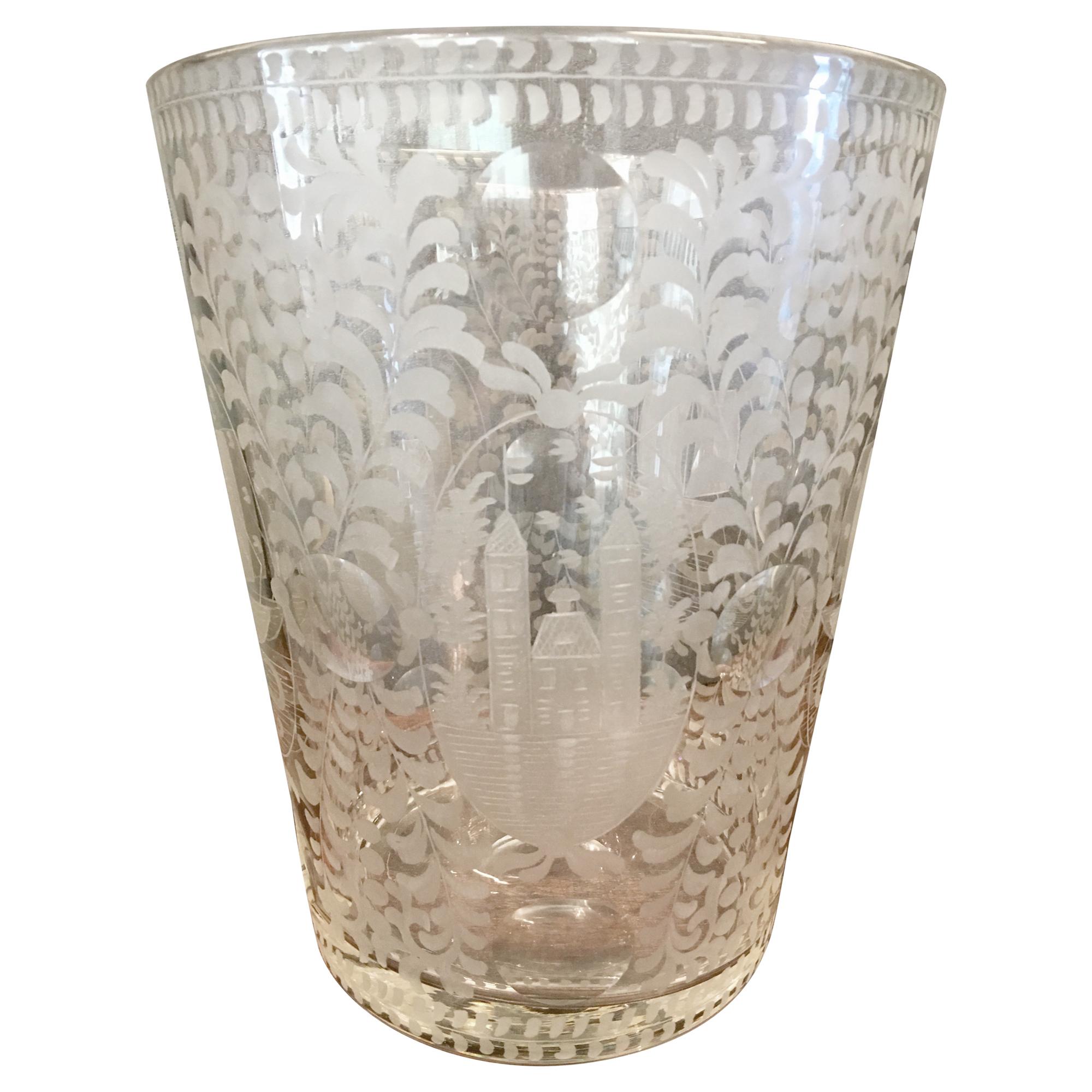 Große niederländische Vase aus geätztem Glas, 19. Jahrhundert