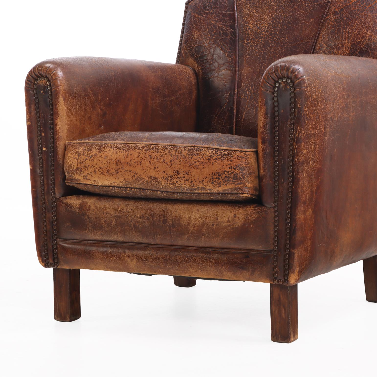 Néerlandais A.I.C., fauteuil club hollandais en cuir, C. 1950. en vente