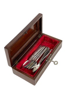 Dutch Mid 19th Century Wooden Spoon Box with 12 Silver Tea Spoons