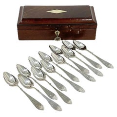 Antique Dutch Mid 19th Century Wooden Spoon Box with 12 Silver Tea Spoons
