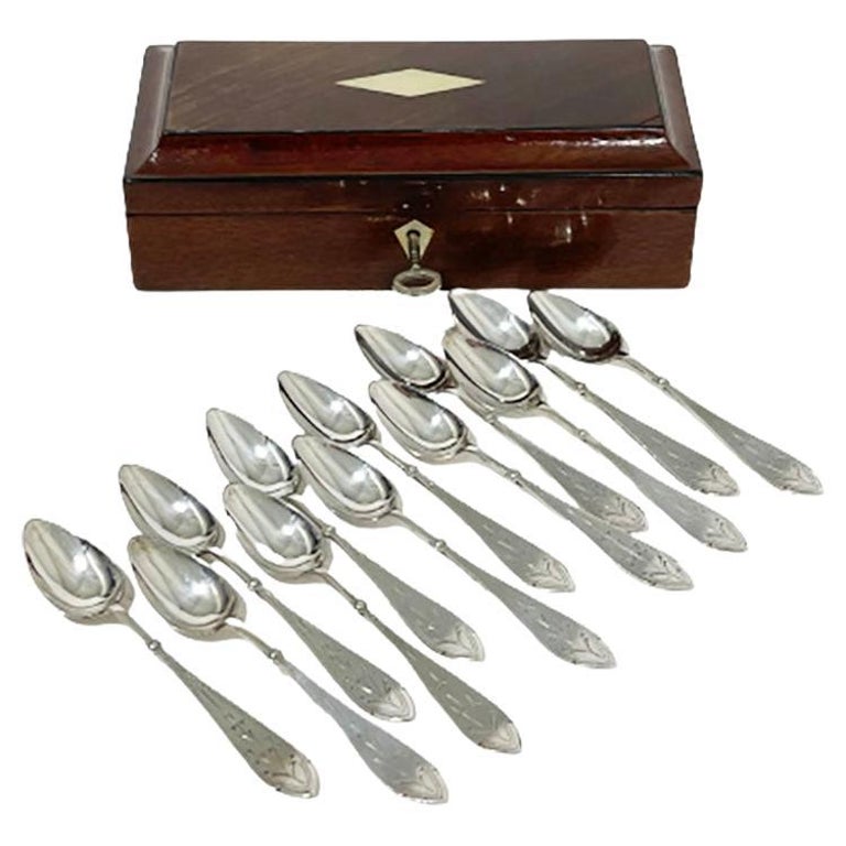 Dutch Mid 19th Century Wooden Spoon Box with 12 Silver Tea Spoons For