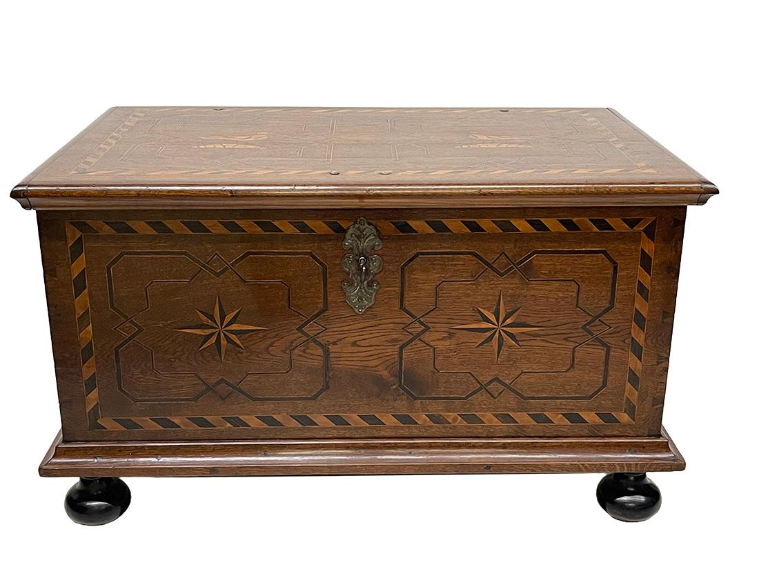 19th Century A Dutch Oak blanket chest with intarsia pigeon pattern, ca 1870-1890 For Sale