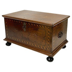Antique A Dutch Oak blanket chest with intarsia pigeon pattern, ca 1870-1890