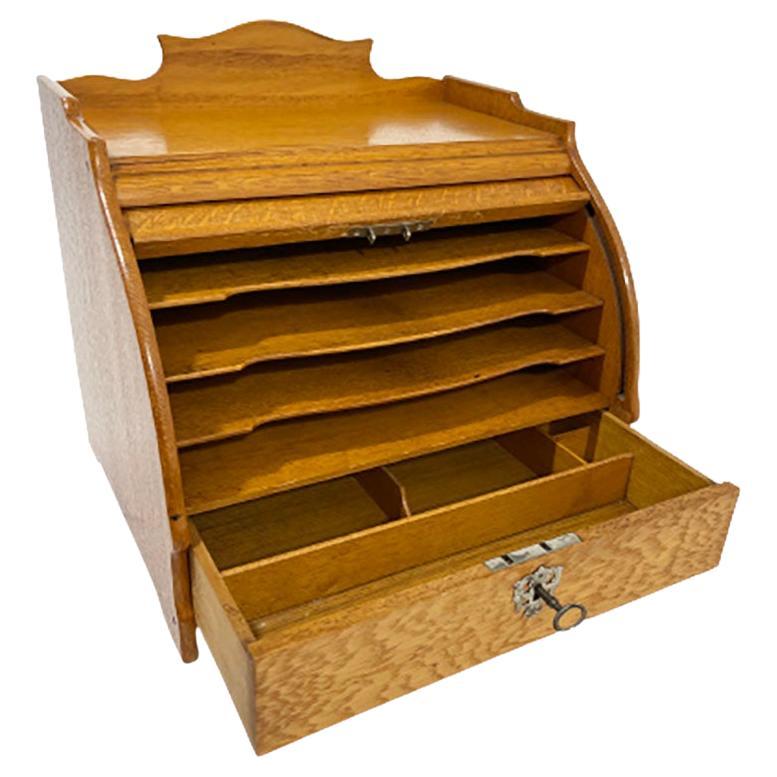 Dutch Oak Desk Letter Cabinet with a Round Sliding Top For Sale