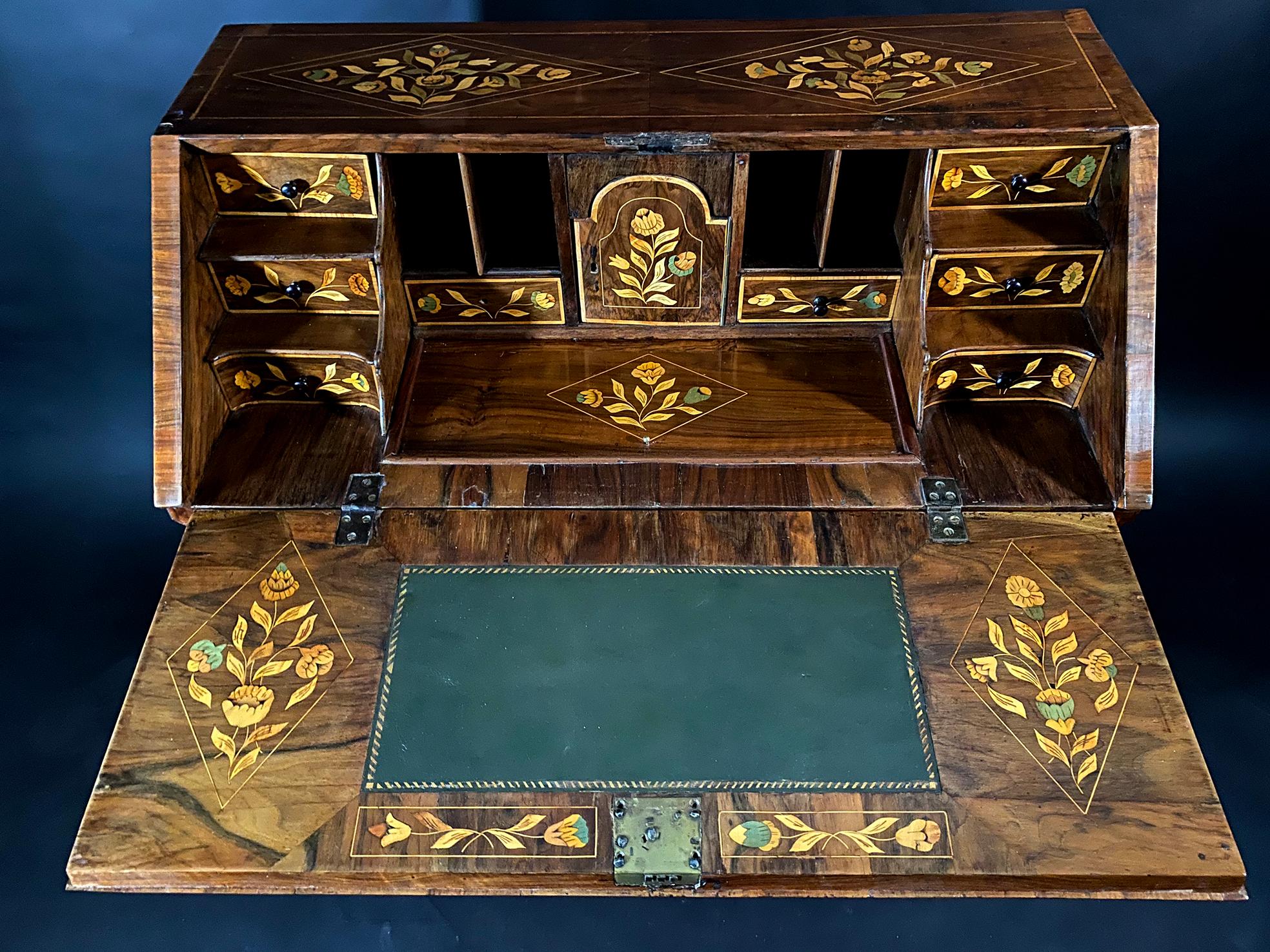 Inlay Dutch Rococo Bombe Marquetry Inlaid Dropfront Desk, Late 18th Century For Sale