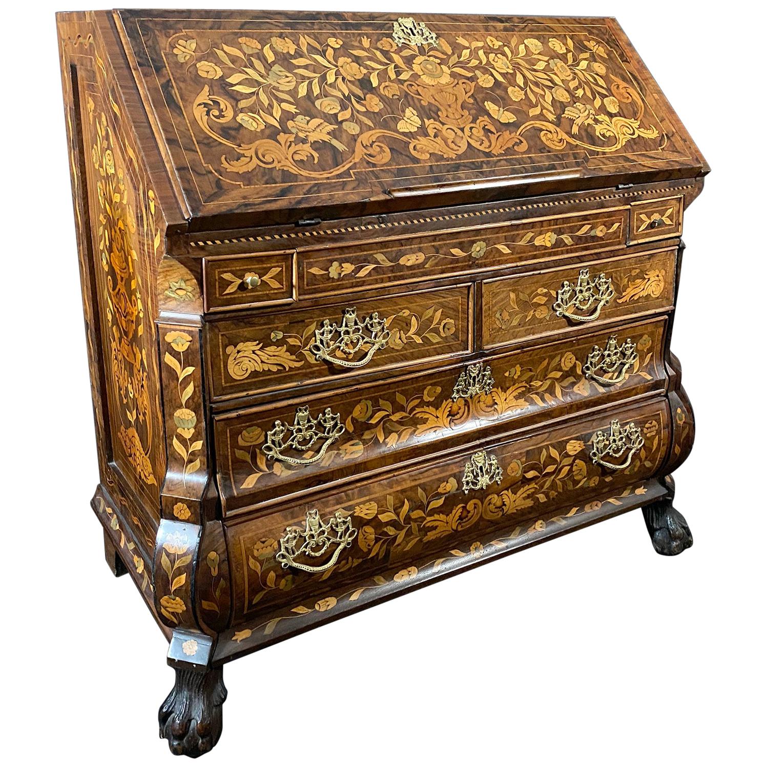 Dutch Rococo Bombe Marquetry Inlaid Dropfront Desk, Late 18th Century For Sale