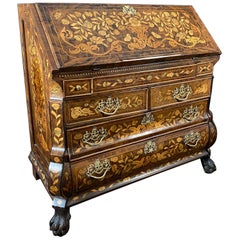 Dutch Rococo Bombe Marquetry Inlaid Dropfront Desk, Late 18th Century