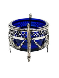 Dutch Silver Oval Jardiniere in Louis XVI Style with Cobalt Blue Glass, 1913