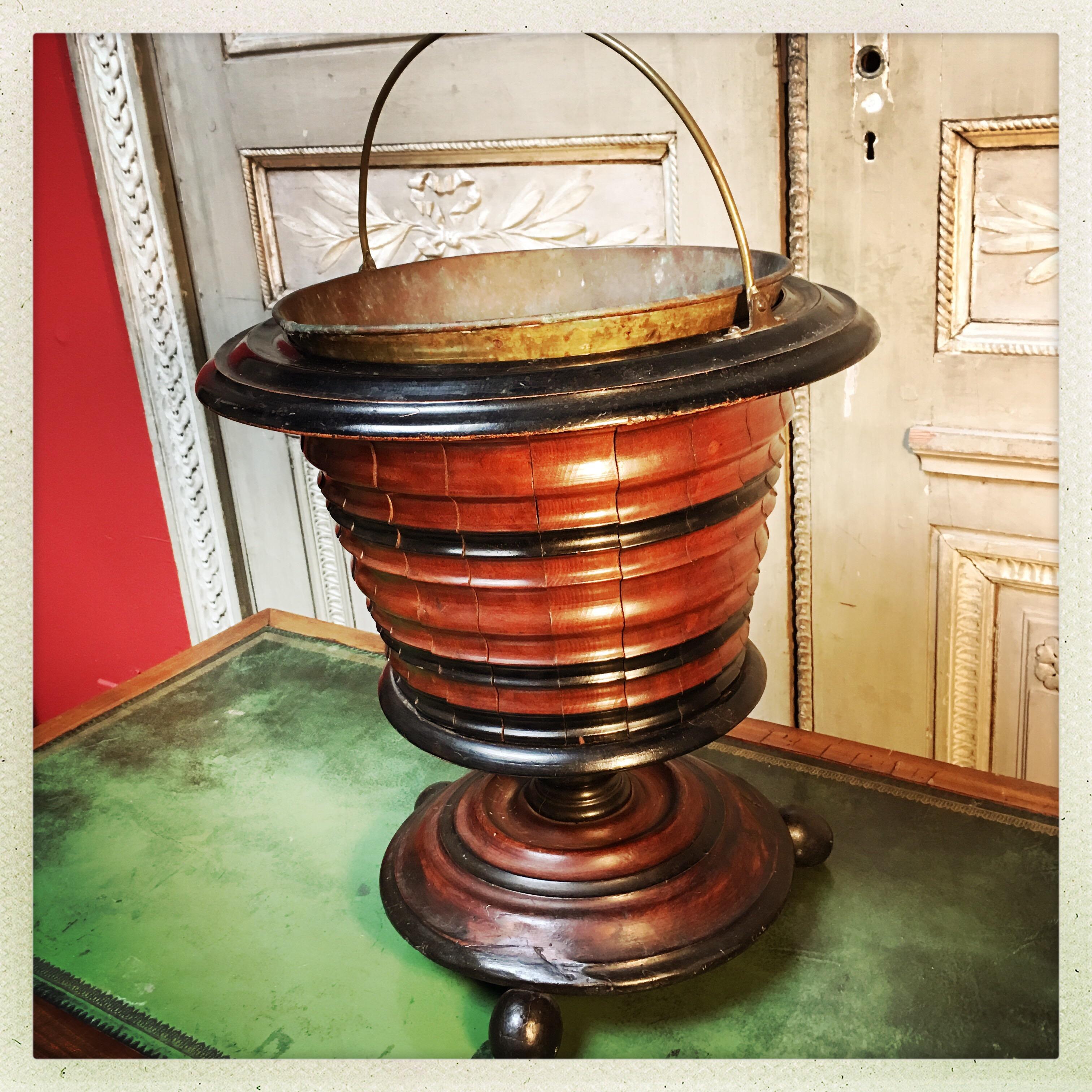 Neoclassical Dutch Walnut Coal Bucket with Brass Liner For Sale