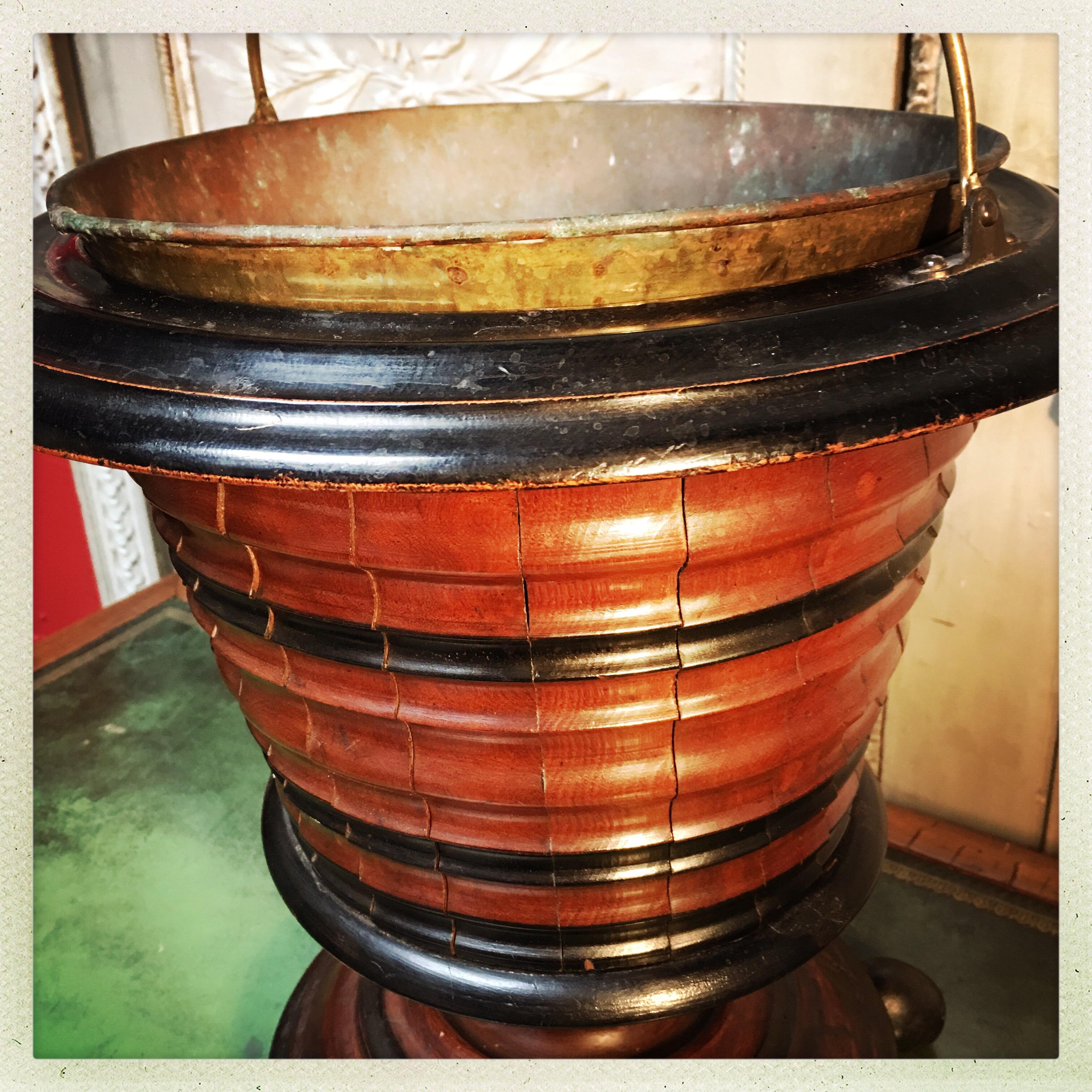 Dutch Walnut Coal Bucket with Brass Liner In Fair Condition For Sale In Dallas, TX