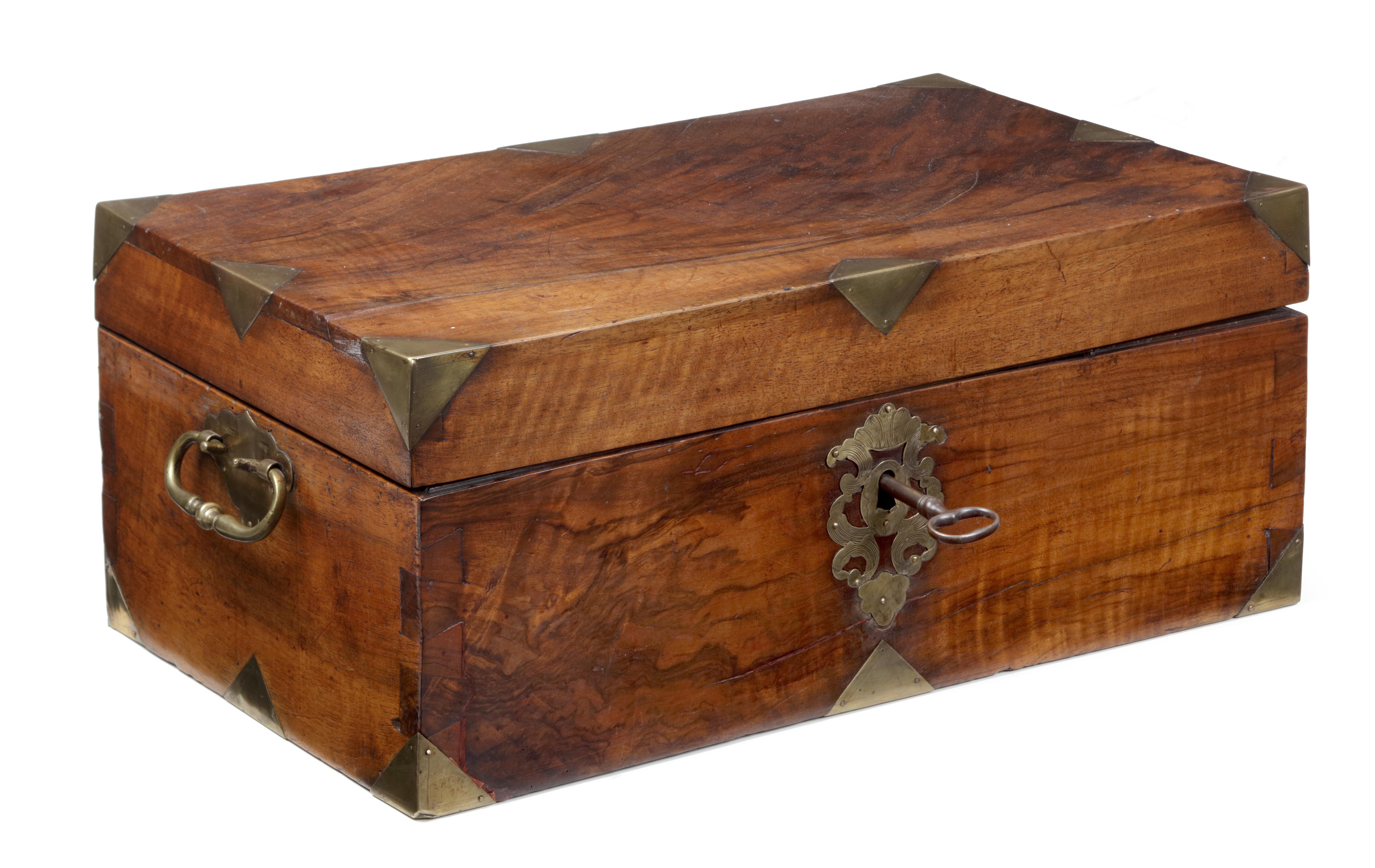 A Dutch walnut writing box with brass mounts

Early 18th century

Measures: H. 20 x W. 47 x D. 28 cm

The interior is divided in various compartments for an inkpot, sand dispenser, pens, and papers. A similar walnut writing box that belonged