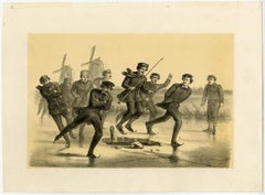 Dutch Winter Landscape with Skaters on the Ice Passing Two Windmills, Ca.1880