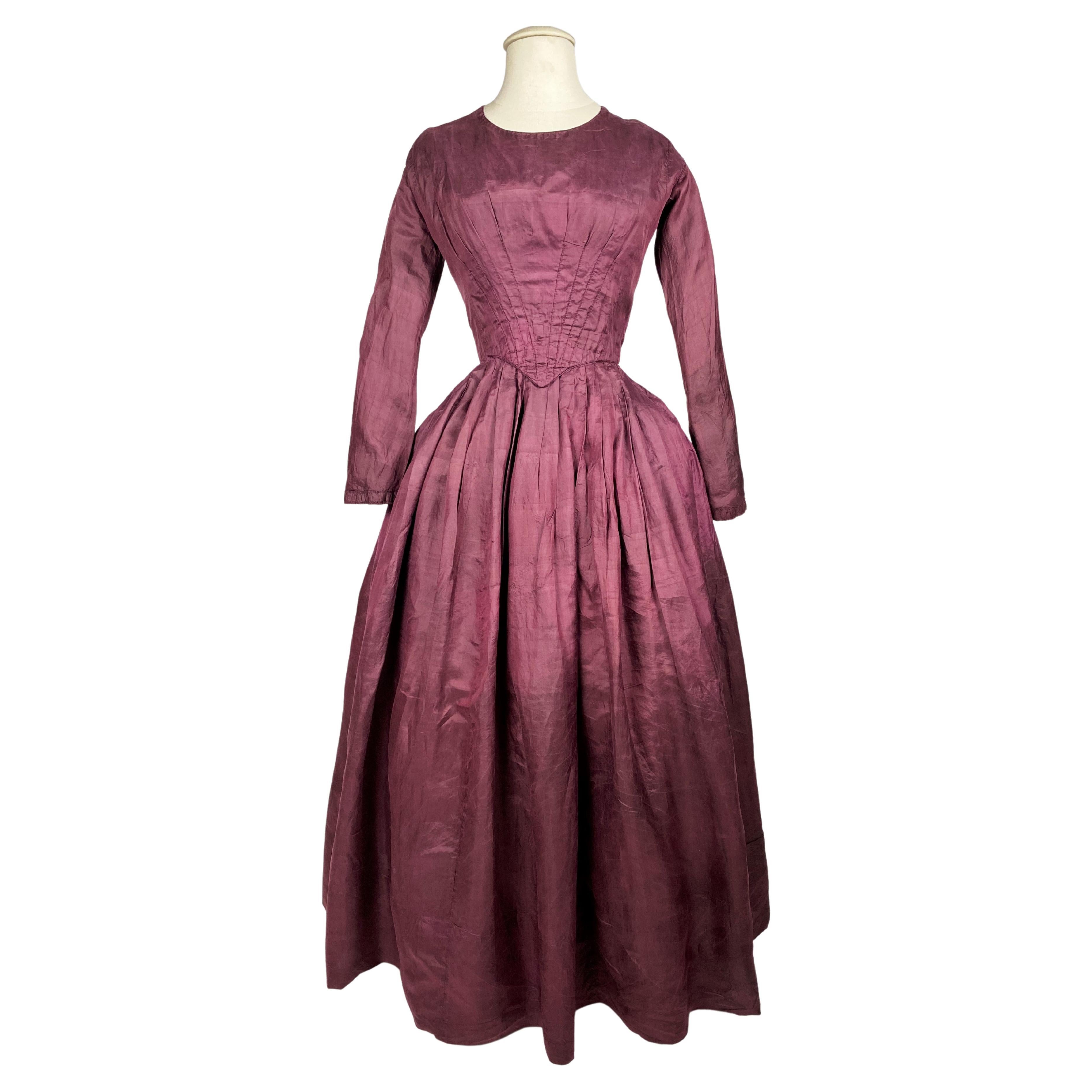 A Dyed Taffeta-Aubergine French Day Dress Circa 1845