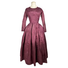Antique A Dyed Taffeta-Aubergine French Day Dress Circa 1845