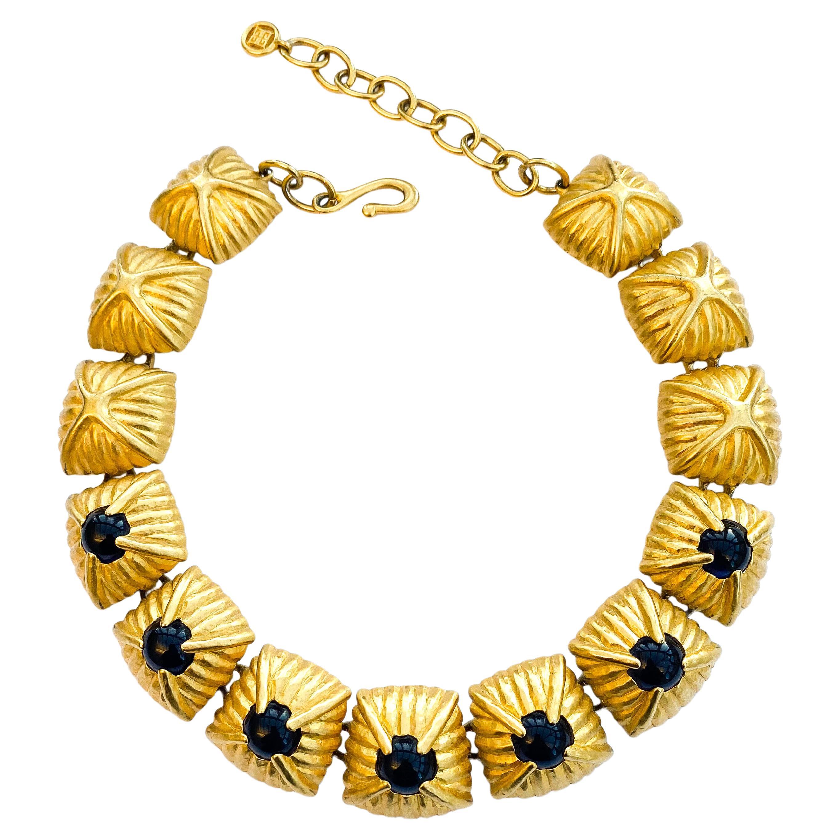 A dynamic gilt metal/blue glass cabuchon necklace, Givenchy, France, 1980s For Sale
