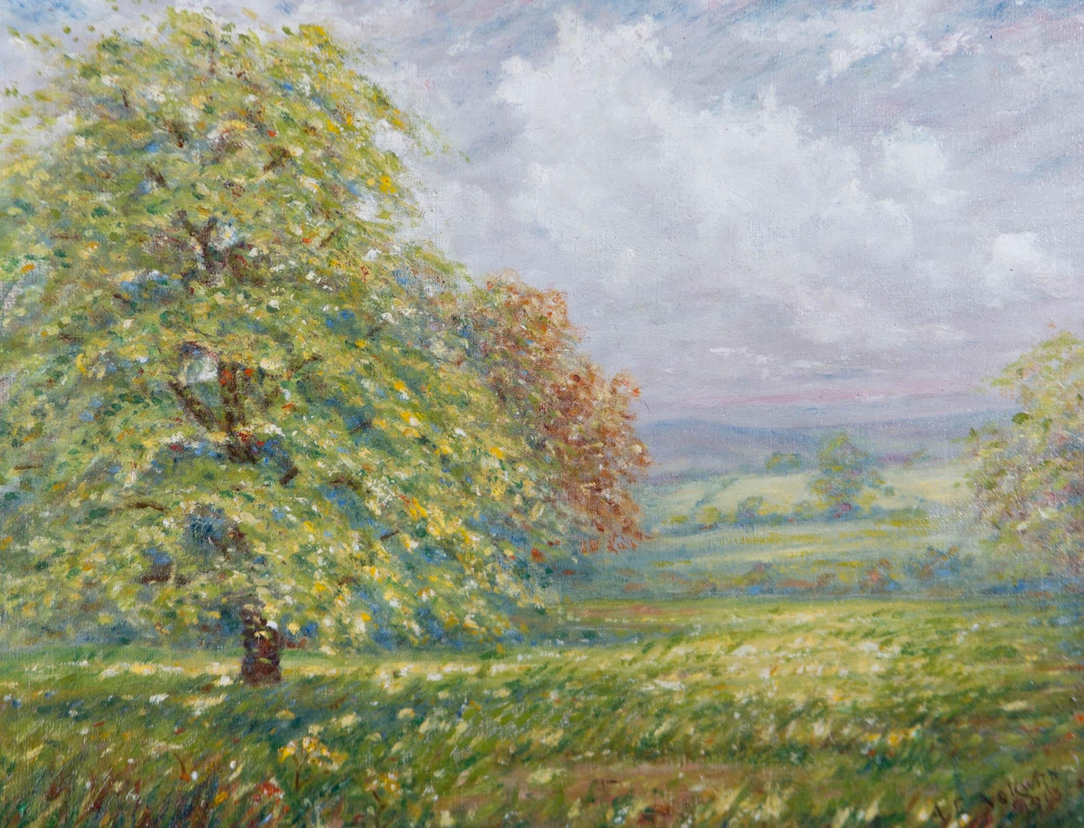 An impressionistic landscape of springtime in Gomersal, West Yorkshire. Presented in a wooden frame with gilt-effect slip. Signed and dated to the lower-right corner. Inscribed with the title to the reverse. On canvas on stretchers.
