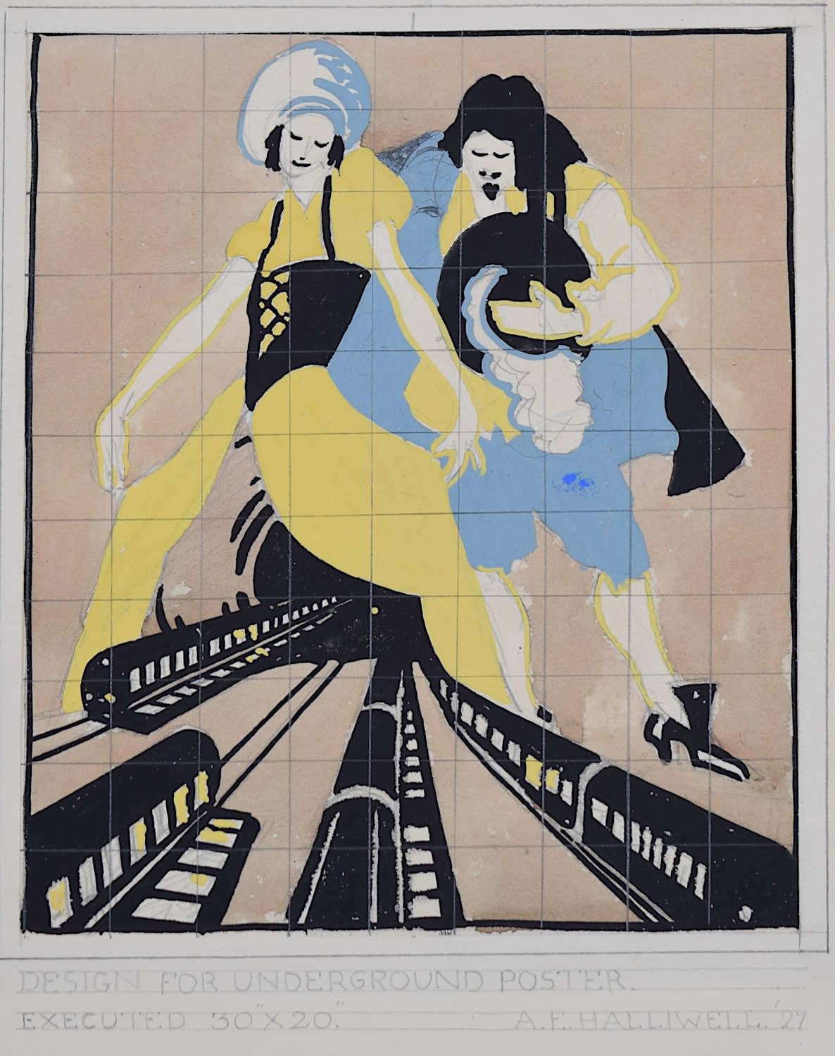 Design für Underground-Poster, 1927, Art-Déco-Design von A. E. Halliwell für die U-Bahn, Design