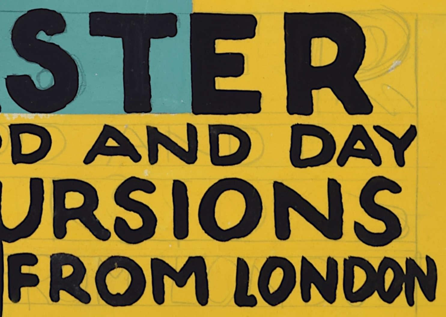 Excursiones de Semana Santa desde Londres, cartel ferroviario de los años 30 diseñado por A.E. Halliwell - Figurative Painting Amarillo de A. E. Halliwell