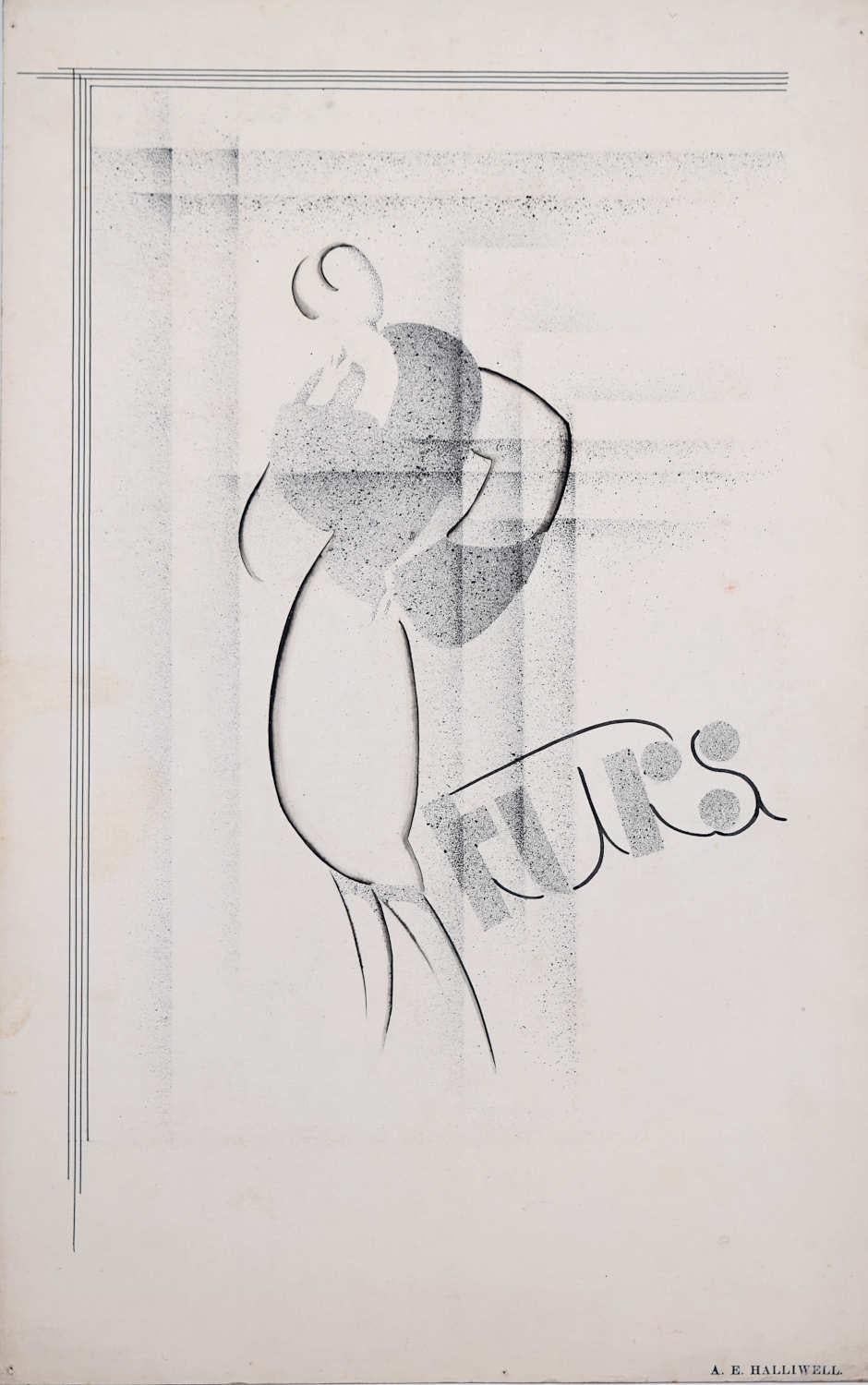 Furs, 1930s art deco poster design by A. E. Halliwell