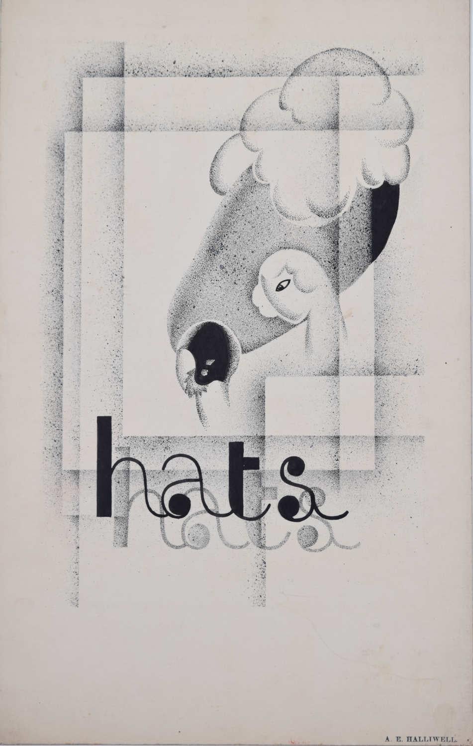 Sombreros, diseño de cartel art déco de los años 30 por A.E. Halliwell