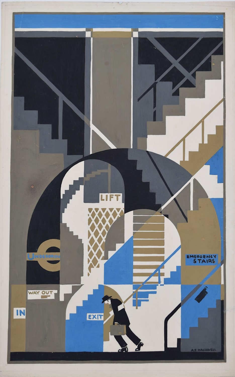 Lifts and Stairs Galore, ca. 1930 U-Bahn-Plakatentwurf von A. E. Halliwell