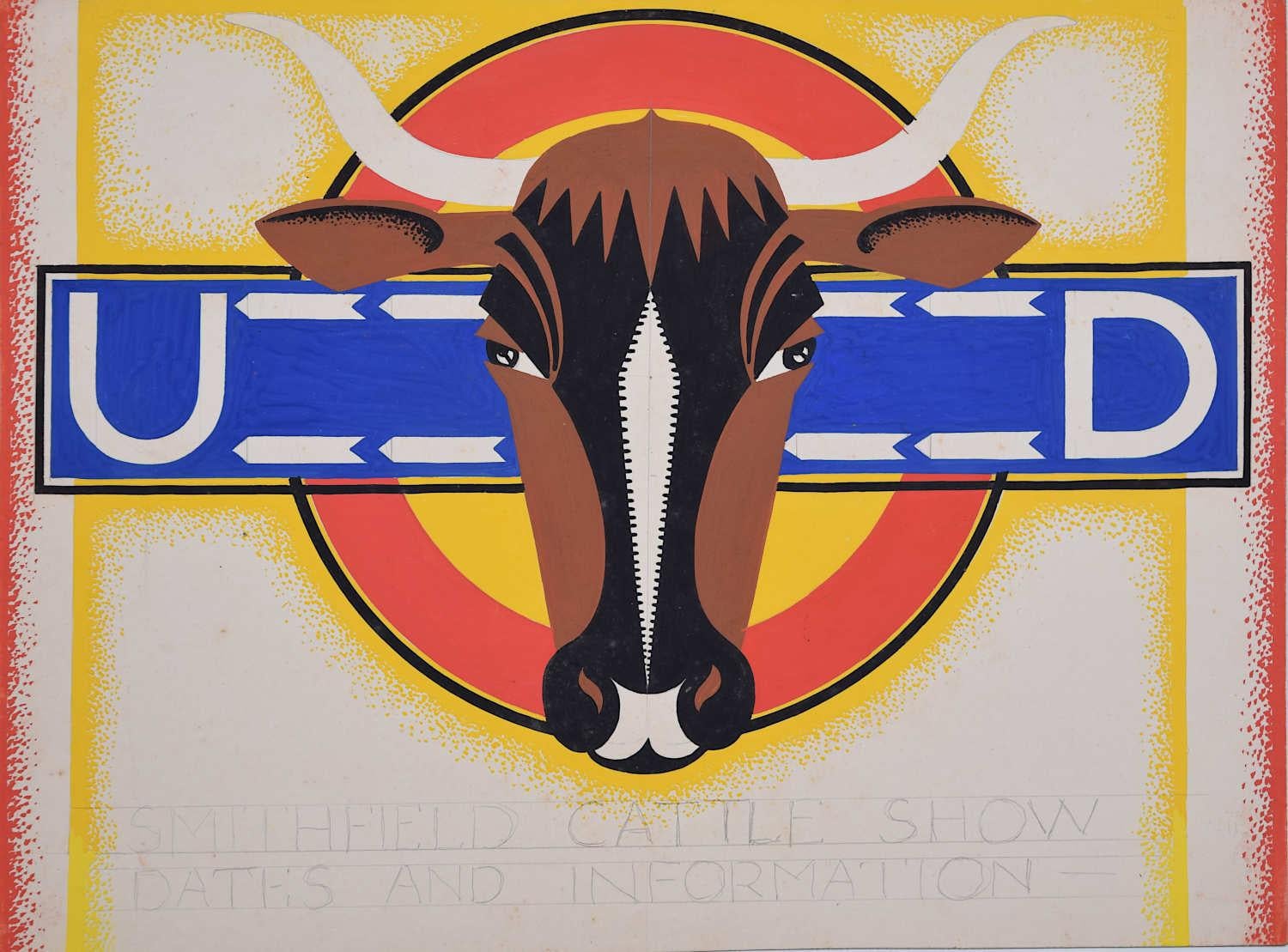 A. E. Halliwell Figurative Painting – Smithfield Cattle Show, Art-Deco-Plakatentwurf aus den 1930er Jahren von A.E. Halliwell