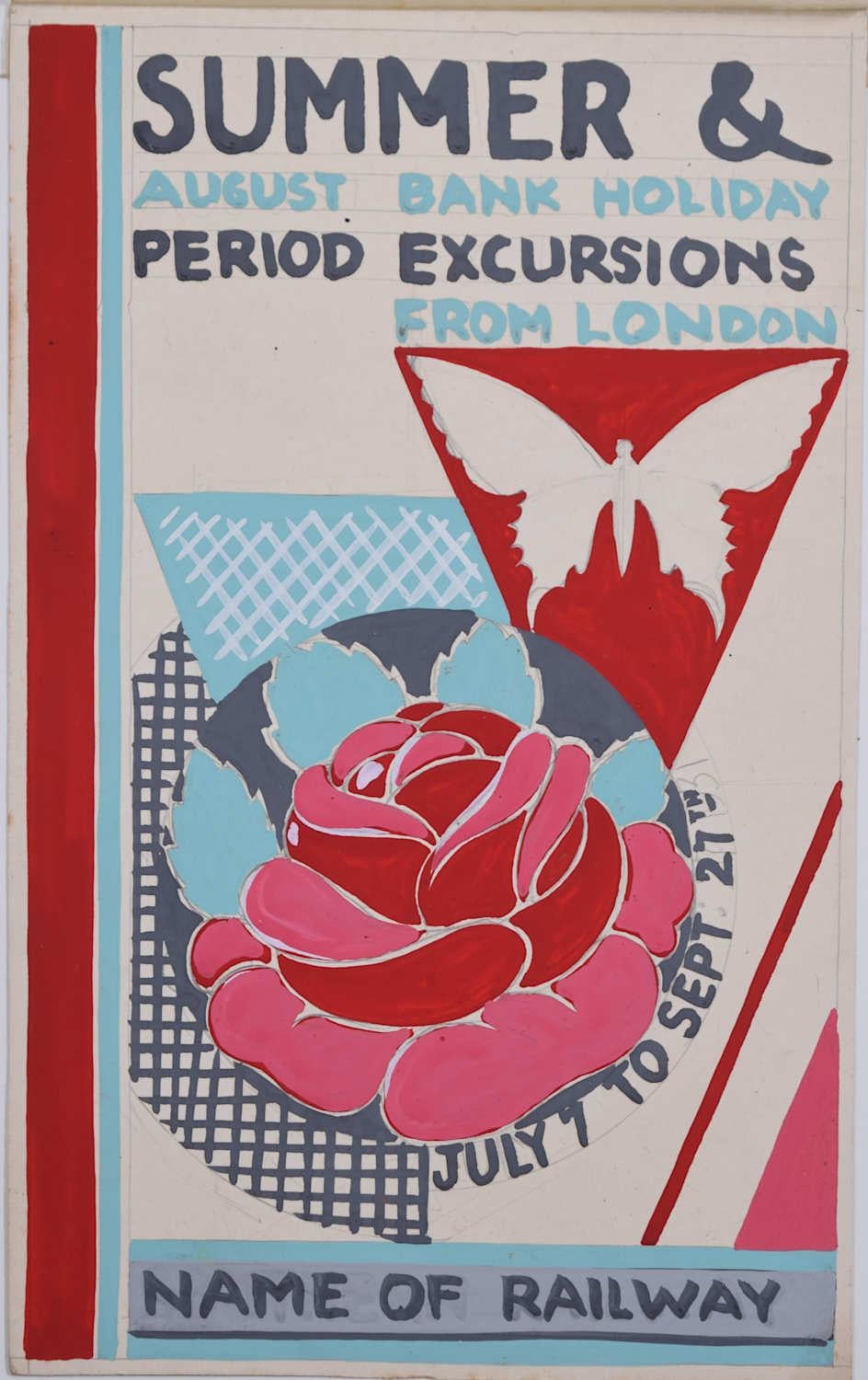Figurative Painting di A. E. Halliwell - Escursioni estive e festive, manifesto ferroviario degli anni '30