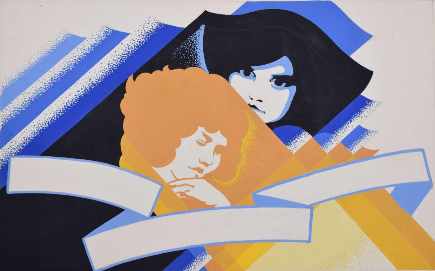 Mujeres de azul y amarillo, cartel vintage de A.E. Halliwell