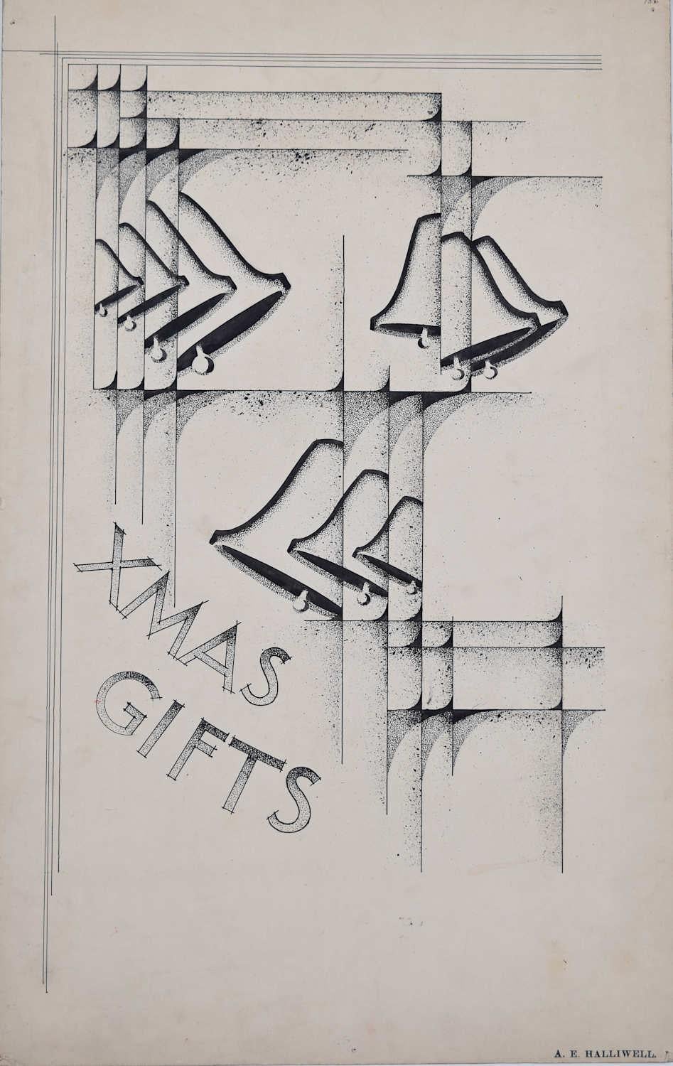 Regalos de Navidad, cartel vintage de los años 30 diseñado por A.E. Halliwell