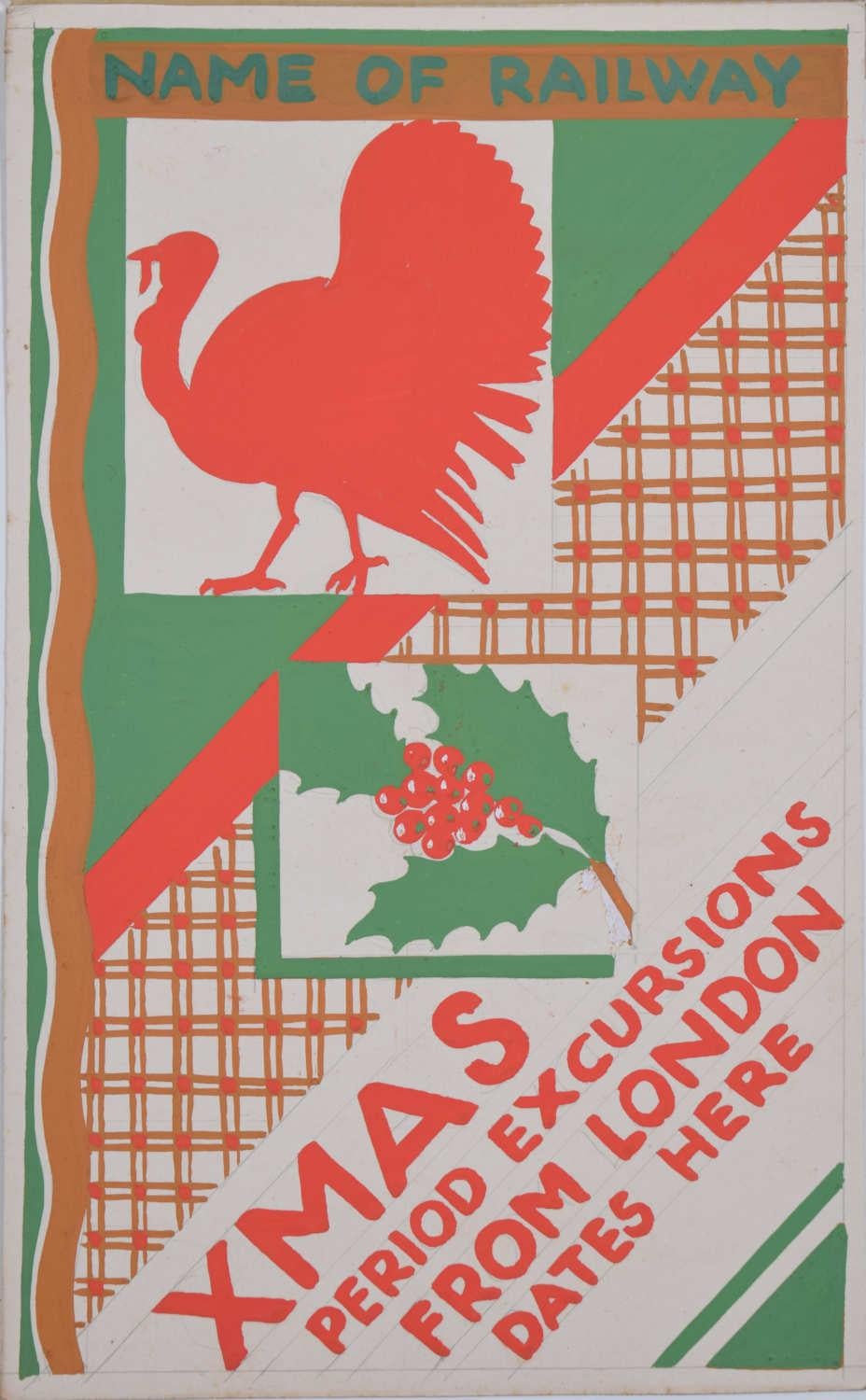 Figurative Painting de A. E. Halliwell - Xmas Period Excursions from London, diseño de cartel ferroviario de los años 30