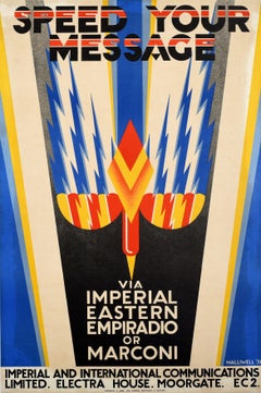 Affiche publicitaire vintage originale Speed Your Message Imperial Radio Art Deco