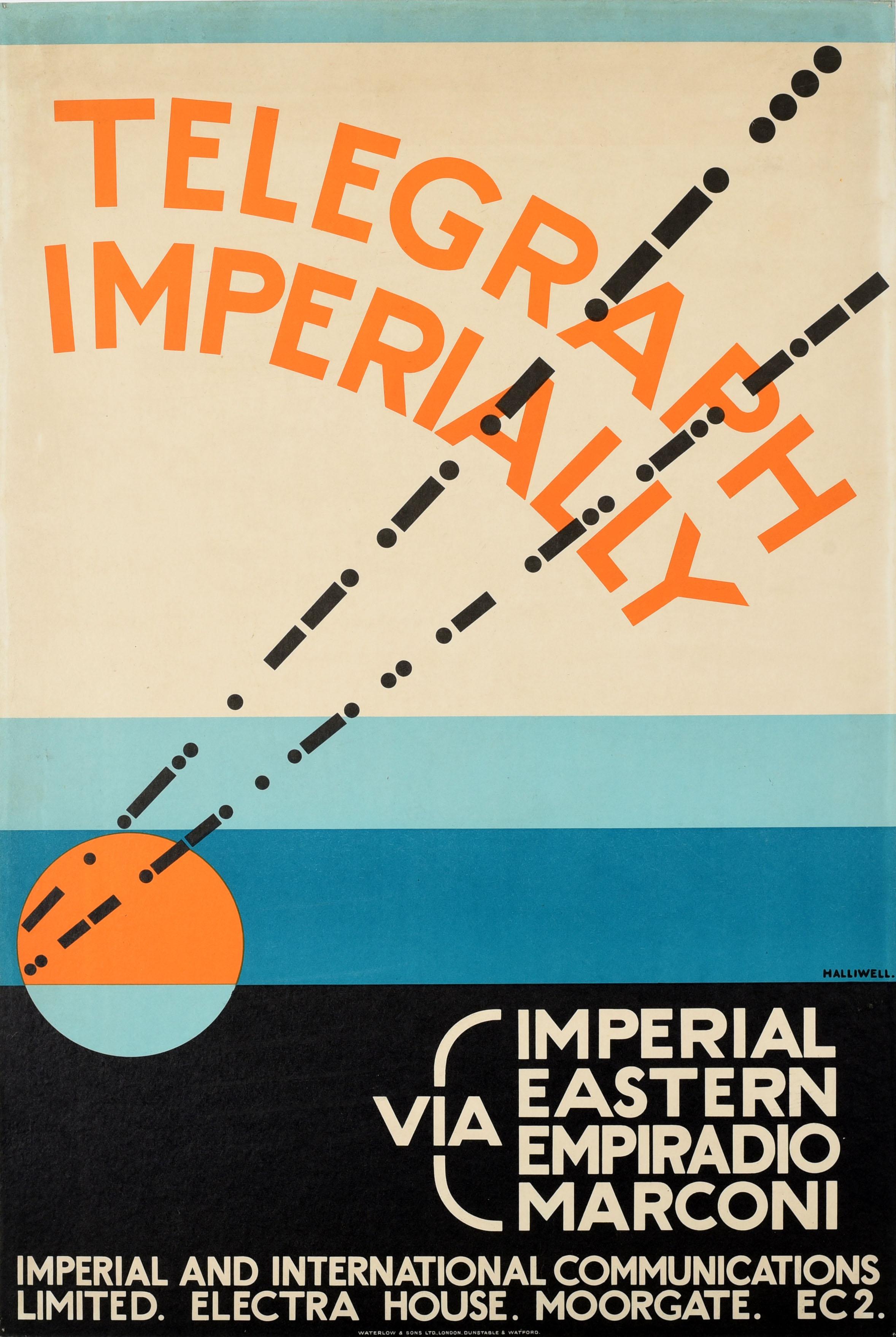Print A.E. Halliwell - Affiche publicitaire originale vintage Telegraph Imperially de Marconi, design Art Dco