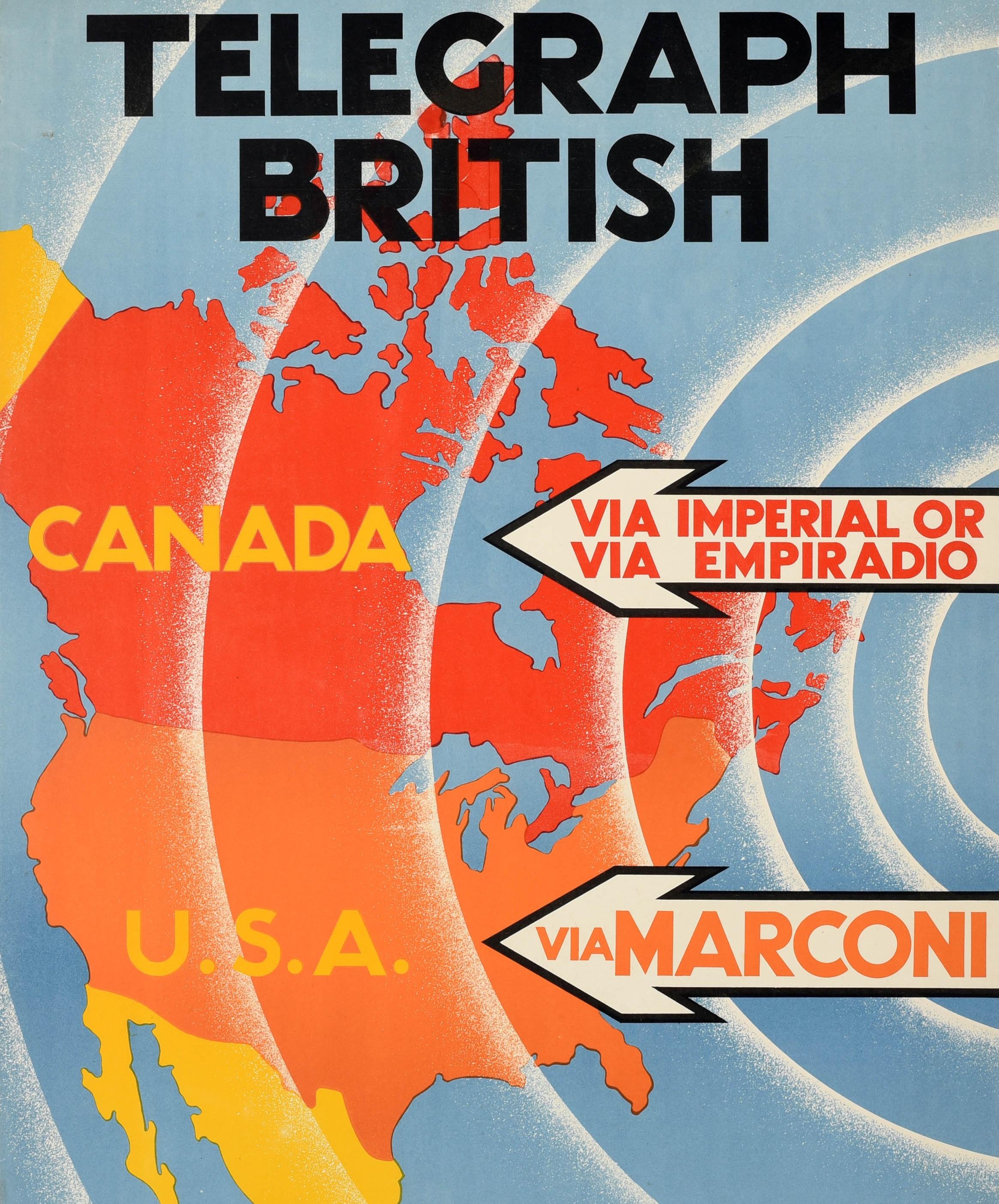 Original Vintage-Werbeplakat - Telegraph British Canada via Imperial oder via Empiradio USA via Marconi British Capital British Enterprise British Labour - mit einem großartigen Entwurf des bedeutenden Werbegrafikers und Plakatdesigners Albert