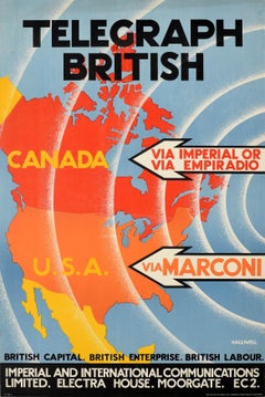 Original Vintage Poster Telegraph British Marconi Radio Modernism Map Design