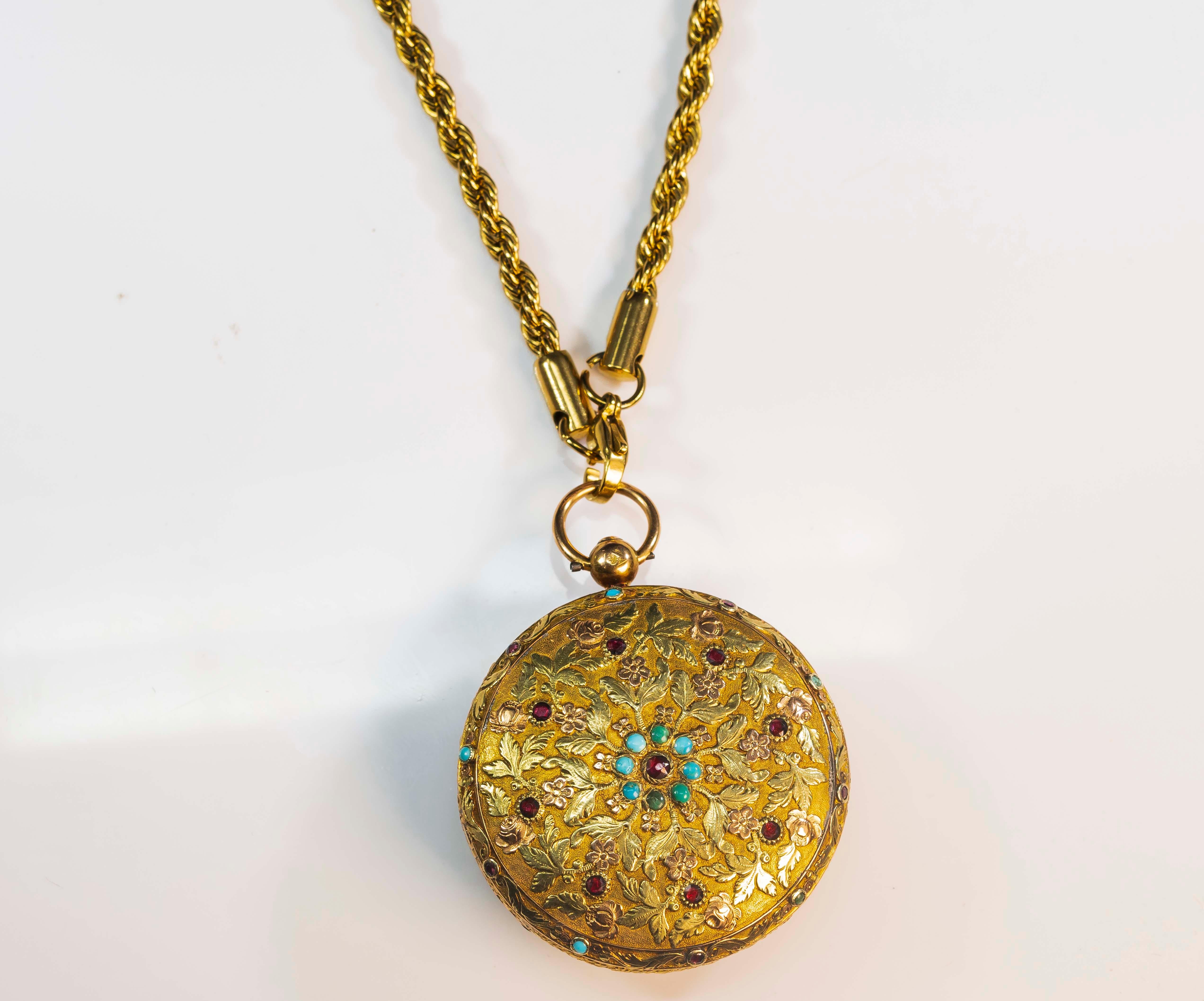 Early 18 Karat Multi-Color Yellow Gold Turquoise Amethyst Pocket Watch 13