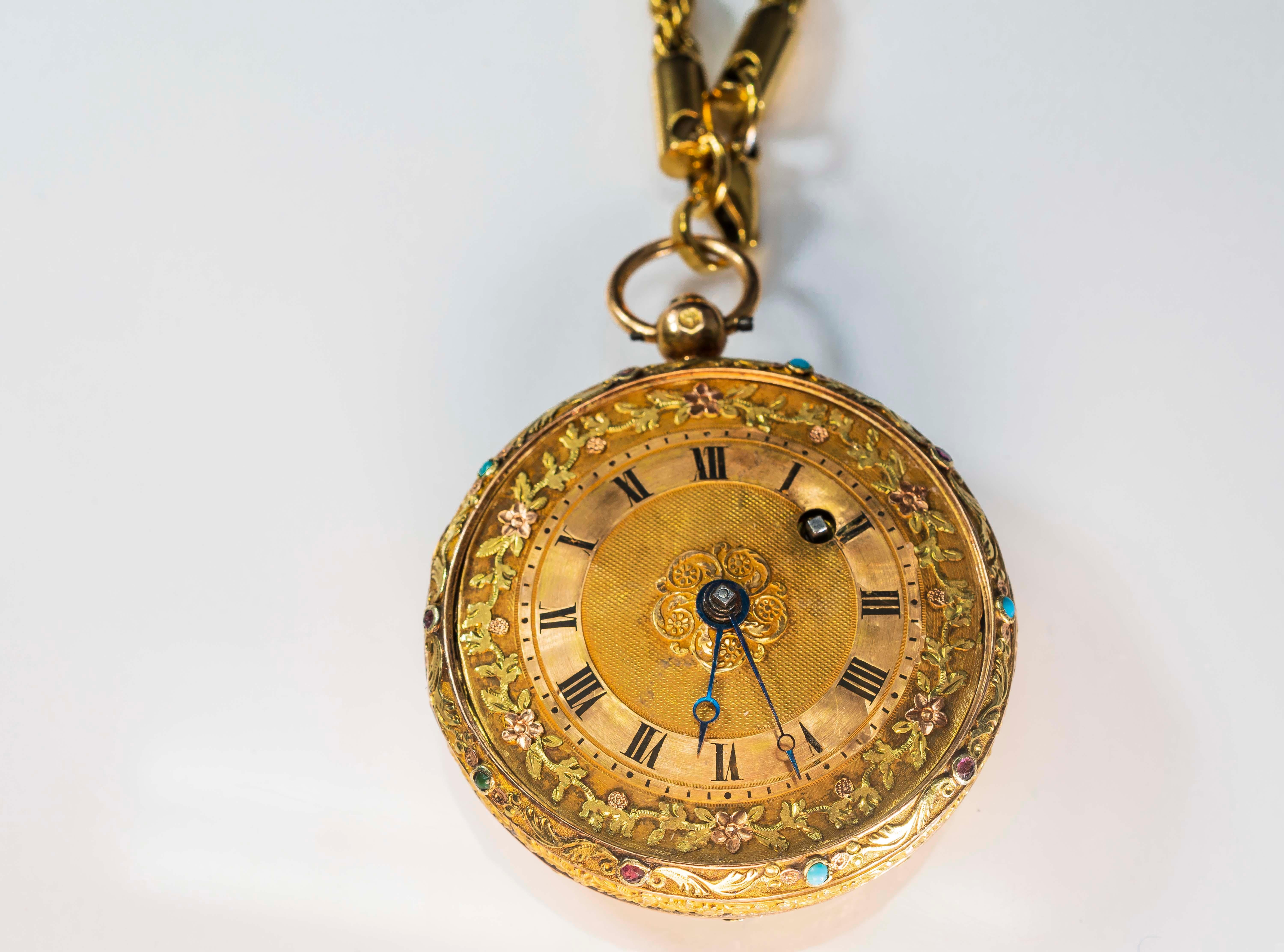 Early 18 Karat Multi-Color Yellow Gold Turquoise Amethyst Pocket Watch 14